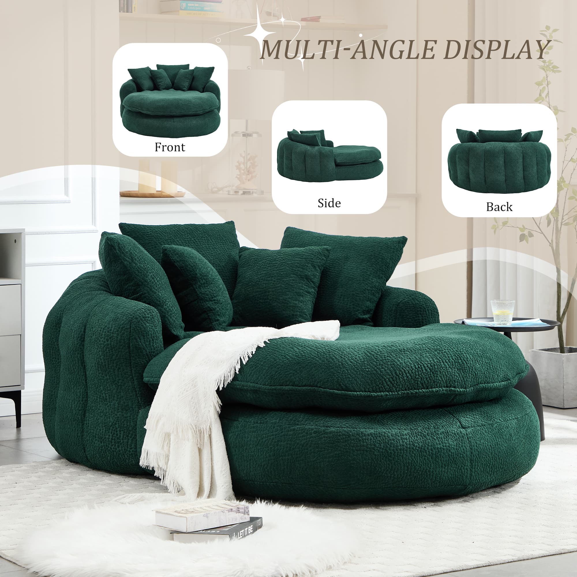 Oversized Oval Upholstered Bean Bag Sofa, Lazy Sofa With 3 Large Pillows And 2 Small Pillows, Wrap Around Backrest For Adults, Chenille Fabric Lazy Floor Bean Bag Sofa 4