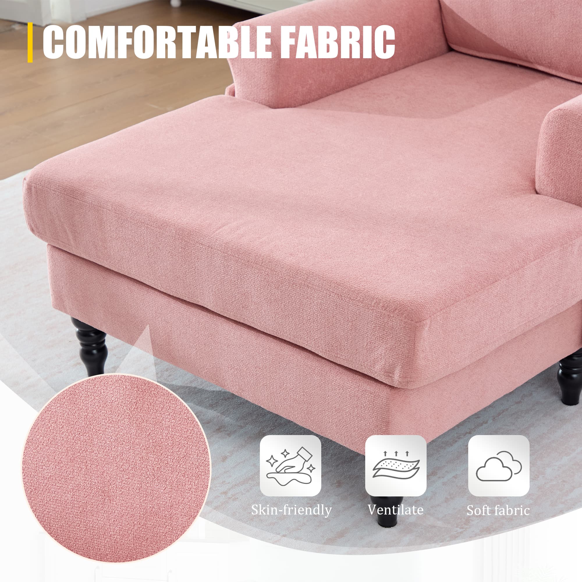 Modern Minimalist Chenille Fabric Chaise Lounge Recliner Single Sofa Living Room Bedroom Rest Chair Wooden Sofa Legs With Comfortable Backrest And Armrests Side Pockets For Storage Suitable For Office 4