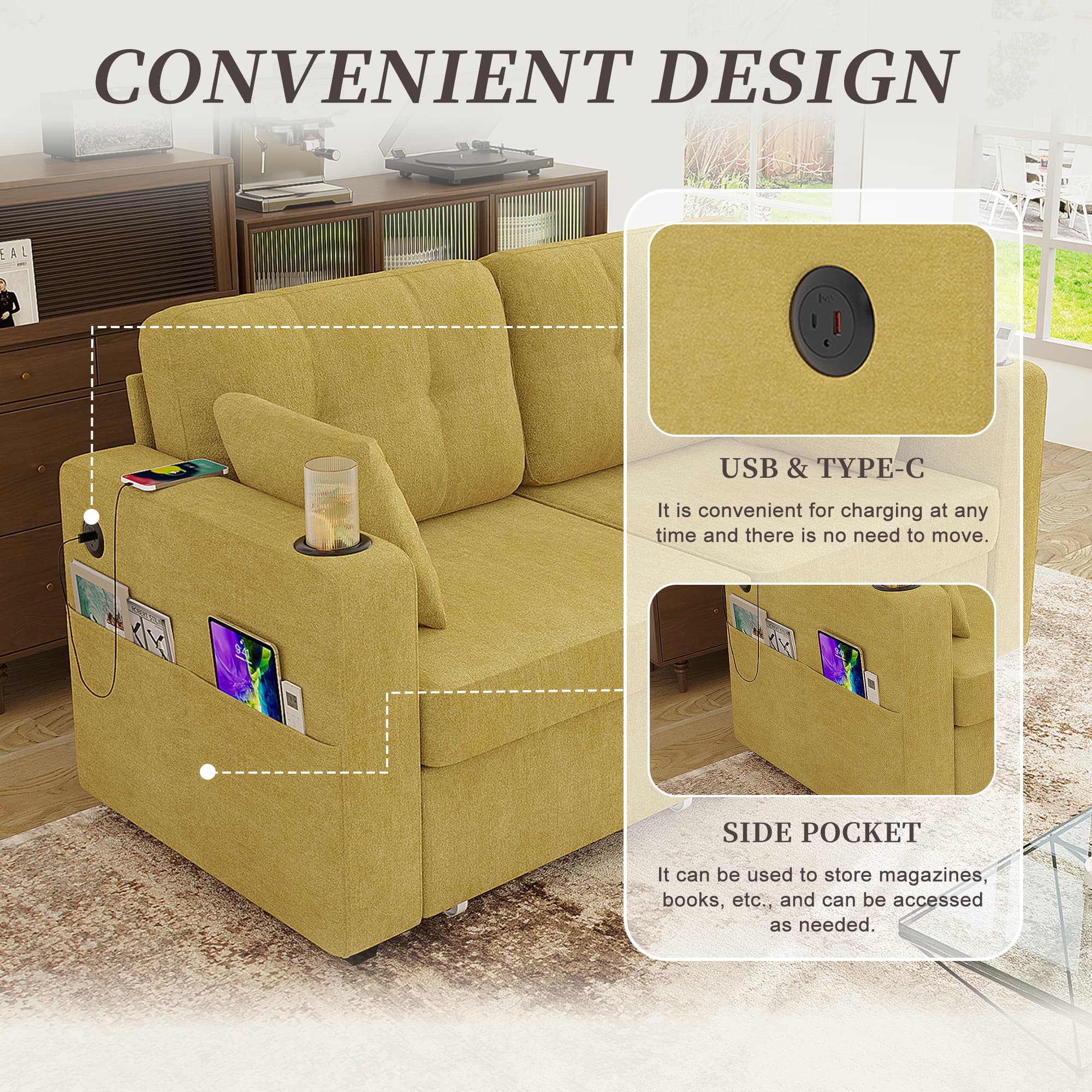 Sofas For Living Room, Couch Set,3 Seats Sofa, USB Charging,Wood Frame,Easy To Install,with Storage, Charging Station,Cup Holder,Modern Sectional Sofas For Living Room, Apartment,Chenille Fabric 4