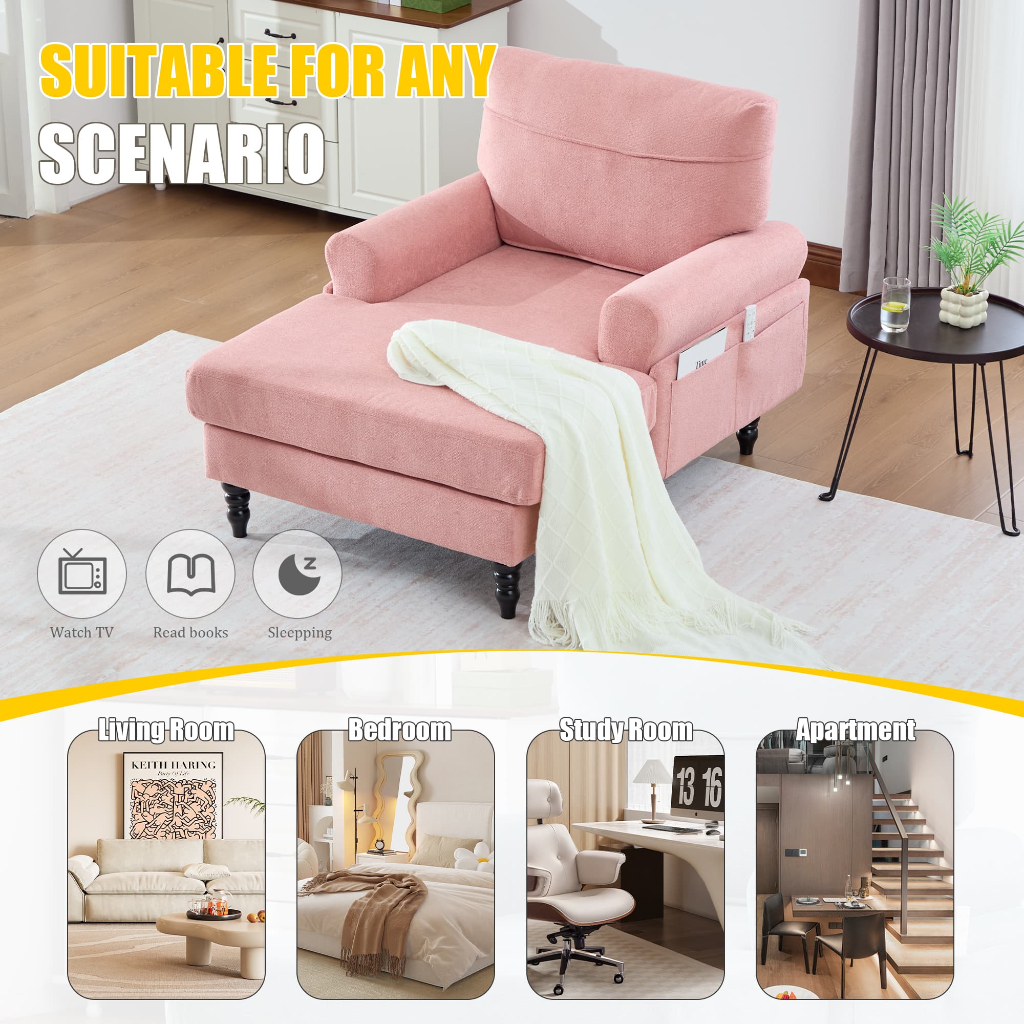 Modern Minimalist Chenille Fabric Chaise Lounge Recliner Single Sofa Living Room Bedroom Rest Chair Wooden Sofa Legs With Comfortable Backrest And Armrests Side Pockets For Storage Suitable For Office 3