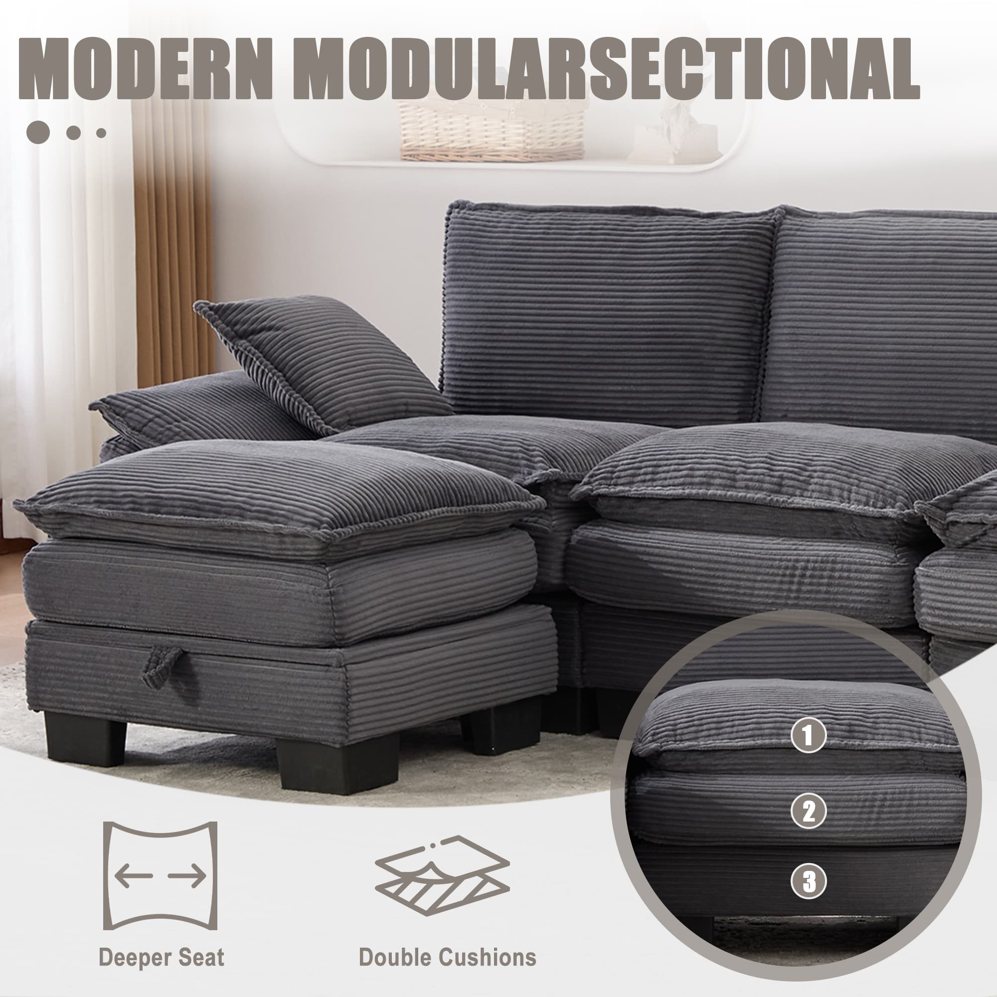Sectional Cloud Modular Sofa,Deep Seat Sofa, Corduroy Sofa,Comfy Upholstered Furniture For Living Room, Apartment, Studio, Office,Having Multiple Combinations 5