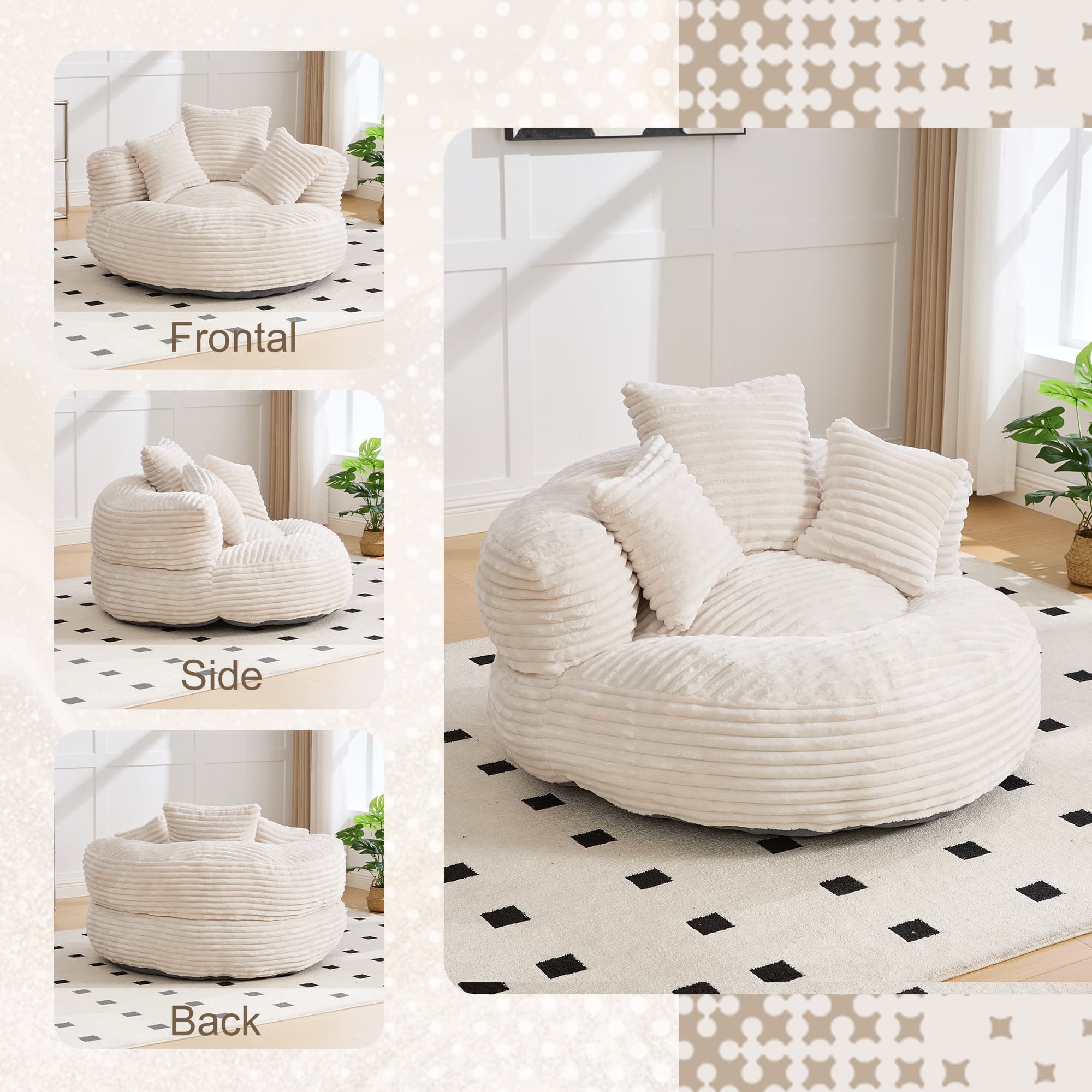 Bean Bag Chairs, Bean Bag Sofa For Adults, Kids,Oversized Corduroy Bean Bag Chair With 3 Pillows & Armrest,Beanbag Chair & Lazy Sofa With Foam Filler For Bedroom Living Room Dorm 2
