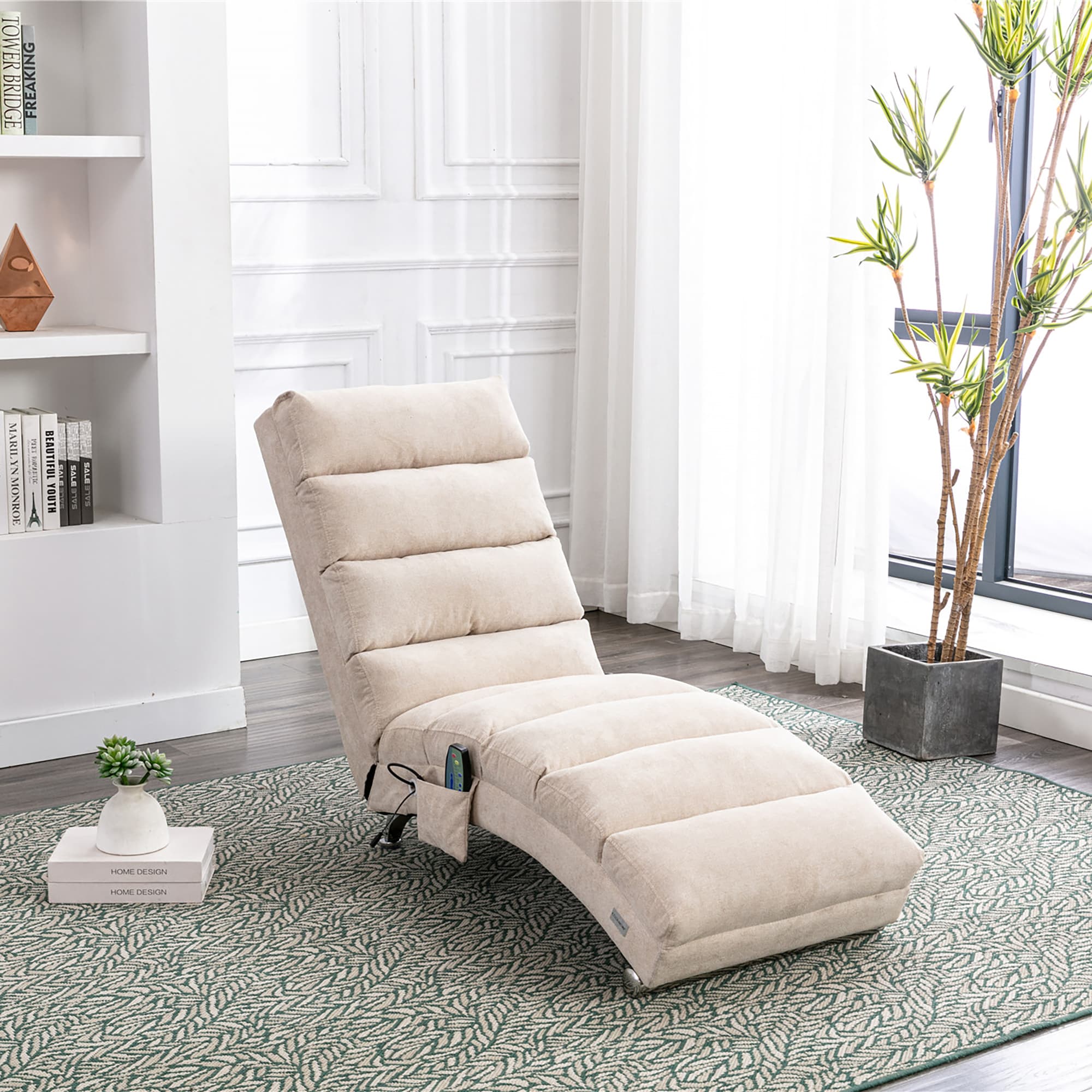 COOLMORE Luxury Upholstered Chaise Lounge Chair With Vibration For Relaxation, Modern Fixed Back Fabric Leisure Recliner Sofa For Living Room Bedroom 2