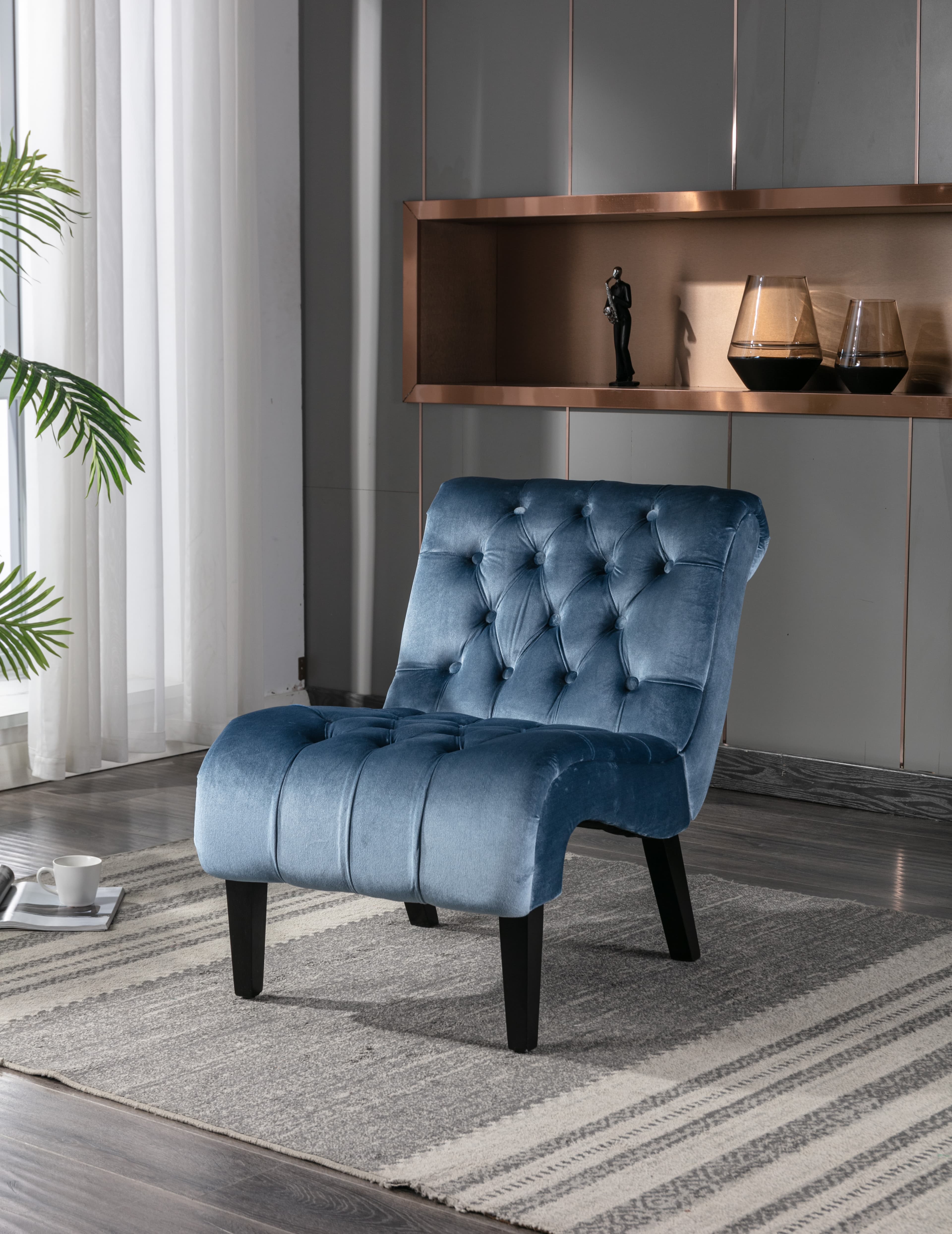 COOLMORE Modern Velvet Armless Accent Living Room Chair Leisure Chair,Upholstered Fabric Button Comfortable Chair With Wooden Legs For Bedroom, Living Room, Office Light Blue Velvet 2