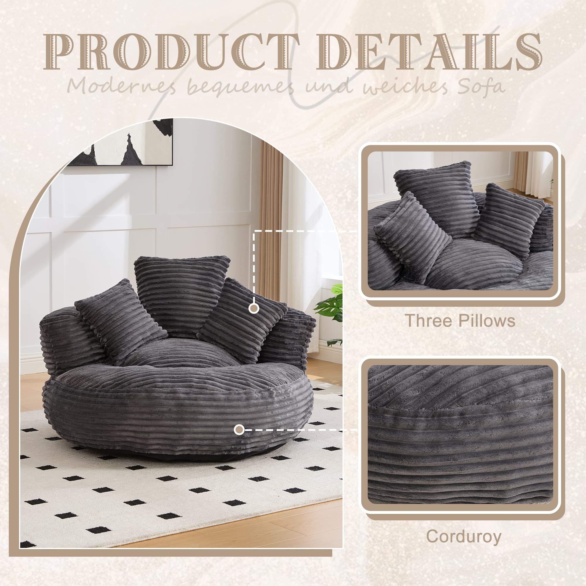 Bean Bag Chairs, Bean Bag Sofa For Adults, Kids,Oversized Corduroy Bean Bag Chair With 3 Pillows & Armrest,Beanbag Chair & Lazy Sofa With Foam Filler For Bedroom Living Room Dorm 5