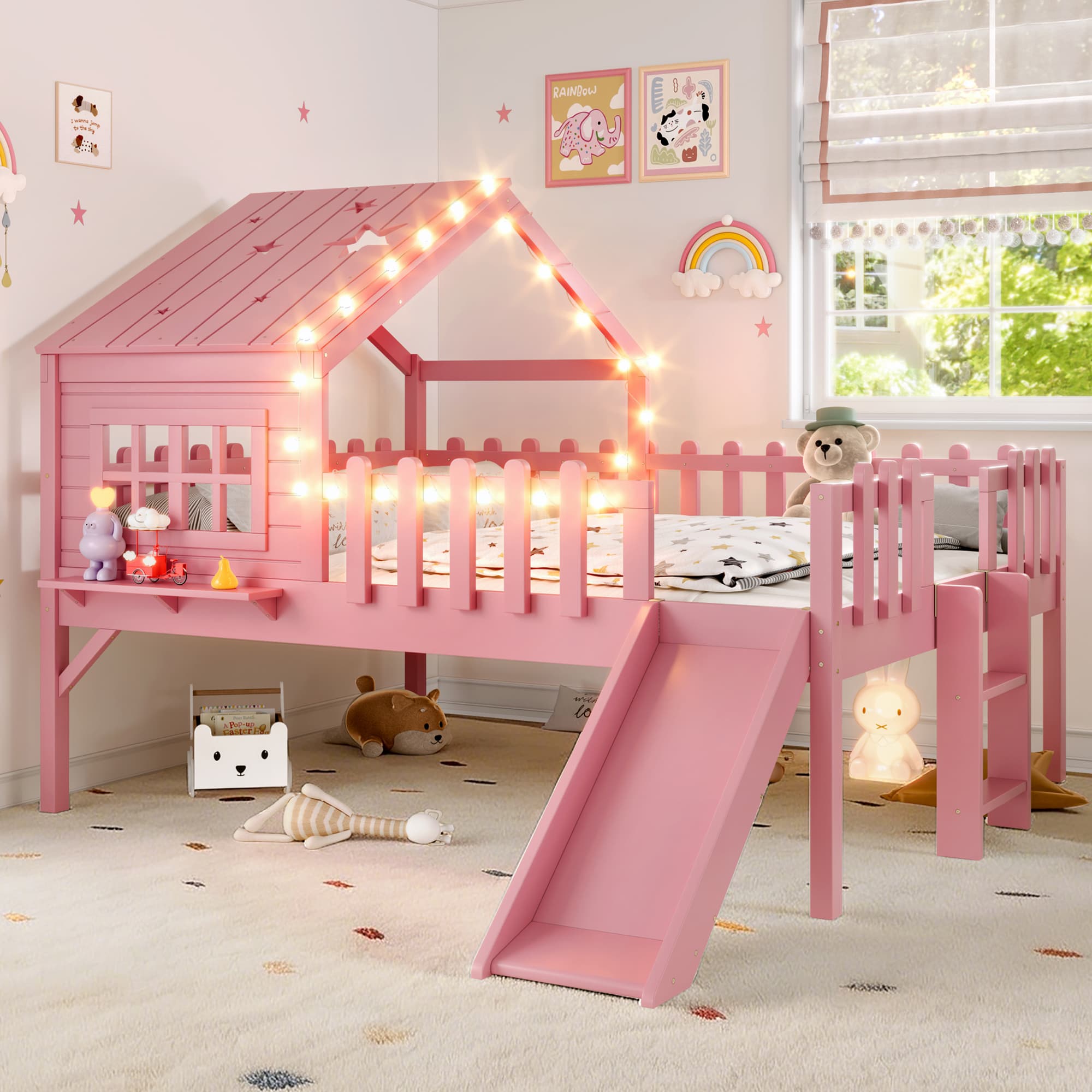 Full Size House Loft Bed With Slide,Playhouse Bed With Star-shaped Designs And Window, Chic Design With LED Lights,No Box Spring Needed,Pink 3