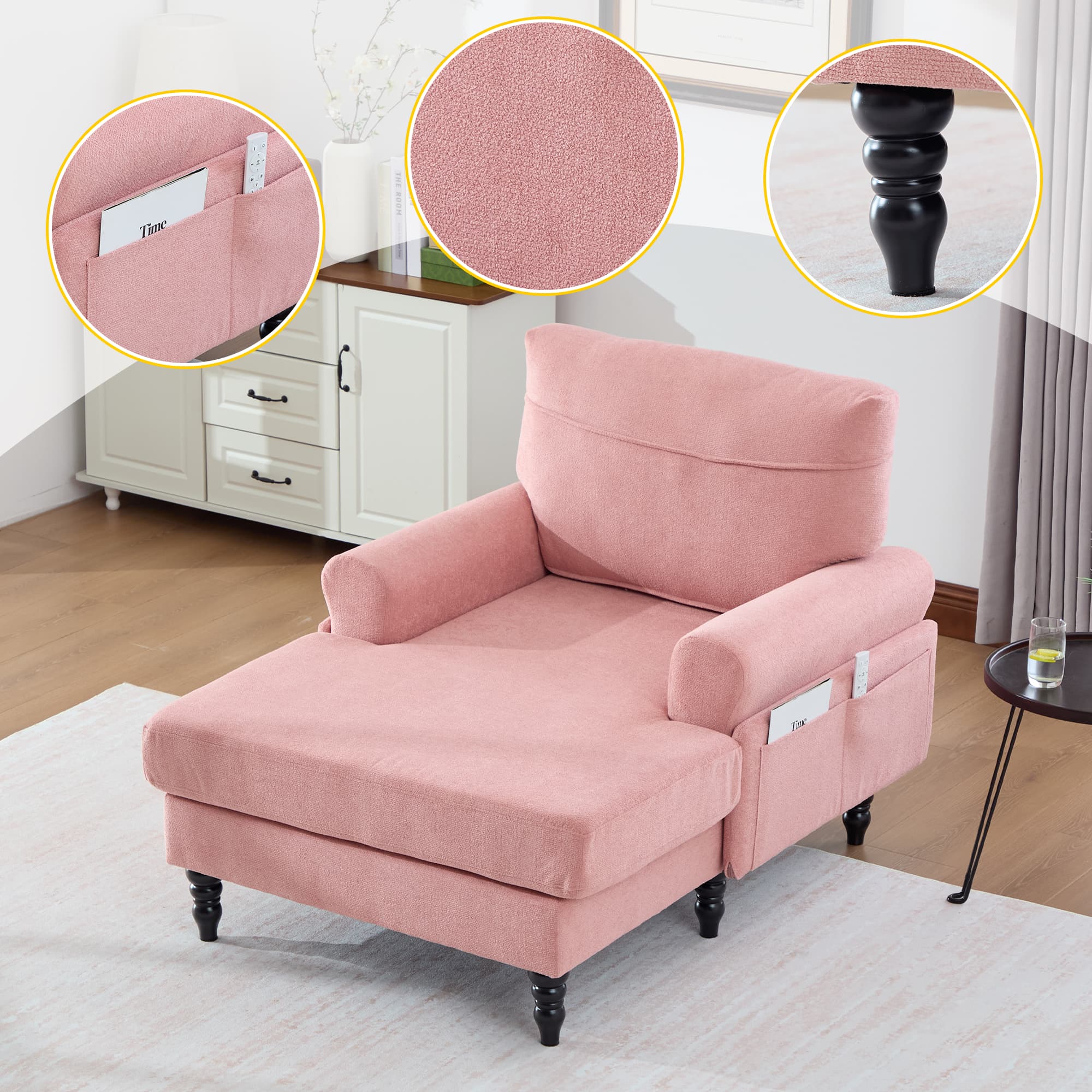 Modern Minimalist Chenille Fabric Chaise Lounge Recliner Single Sofa Living Room Bedroom Rest Chair Wooden Sofa Legs With Comfortable Backrest And Armrests Side Pockets For Storage Suitable For Office 5