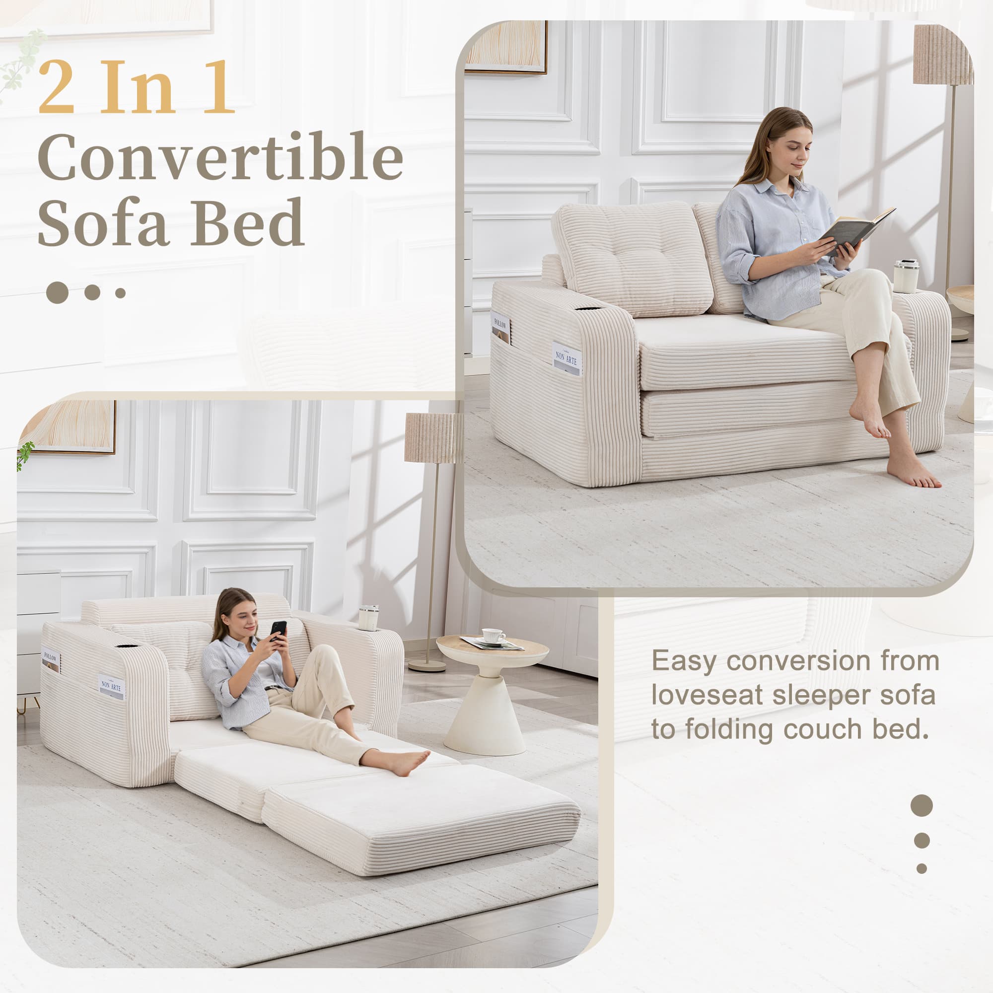 Convertible Sofa Bed,Expandable Double Sofa Bed, 2 In 1 Convertible Sofa Bed, Fold Out Floor Couch With Pillows For Living Room Bedroom Lounge 3
