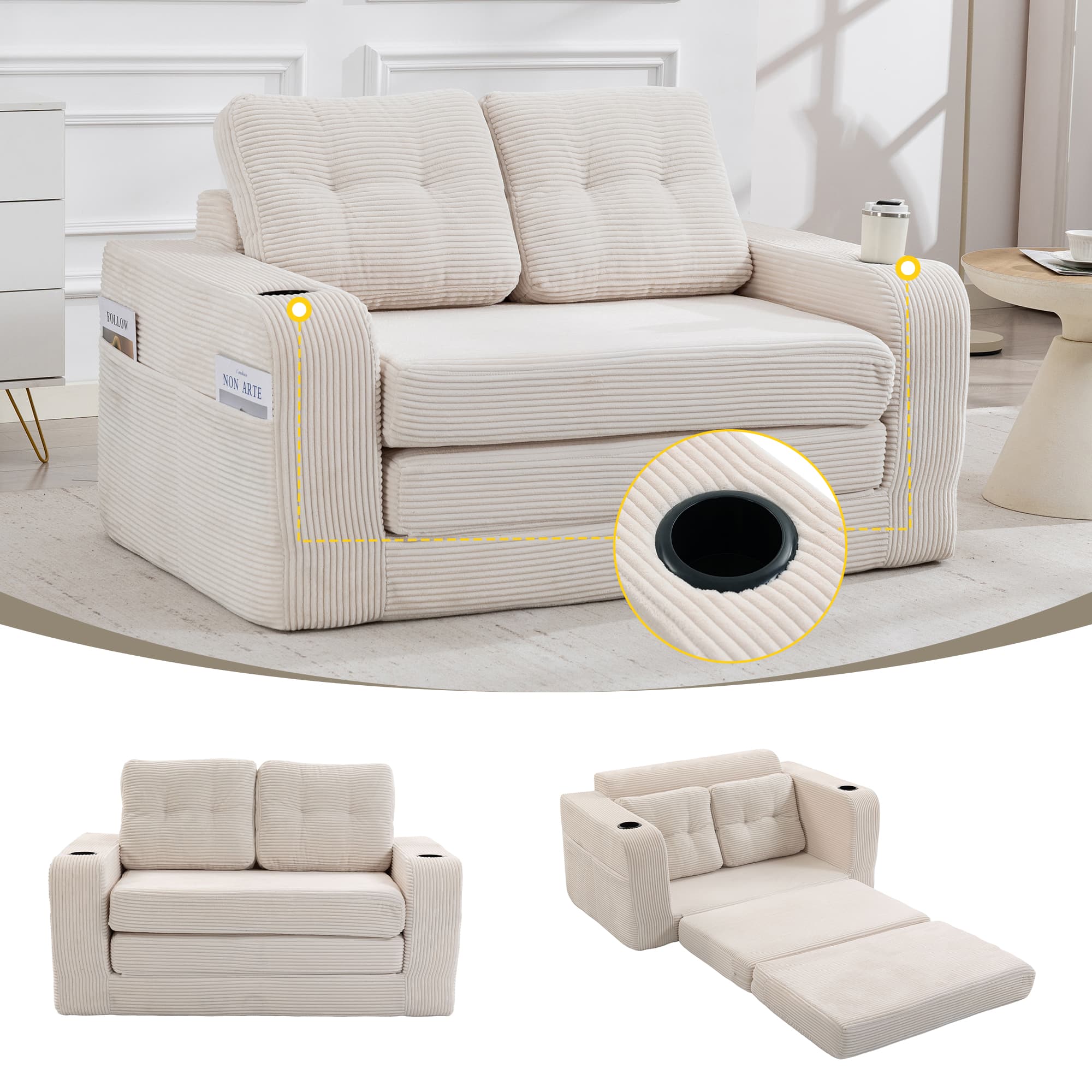 Convertible Sofa Bed,Expandable Double Sofa Bed, 2 In 1 Convertible Sofa Bed, Fold Out Floor Couch With Pillows For Living Room Bedroom Lounge 2