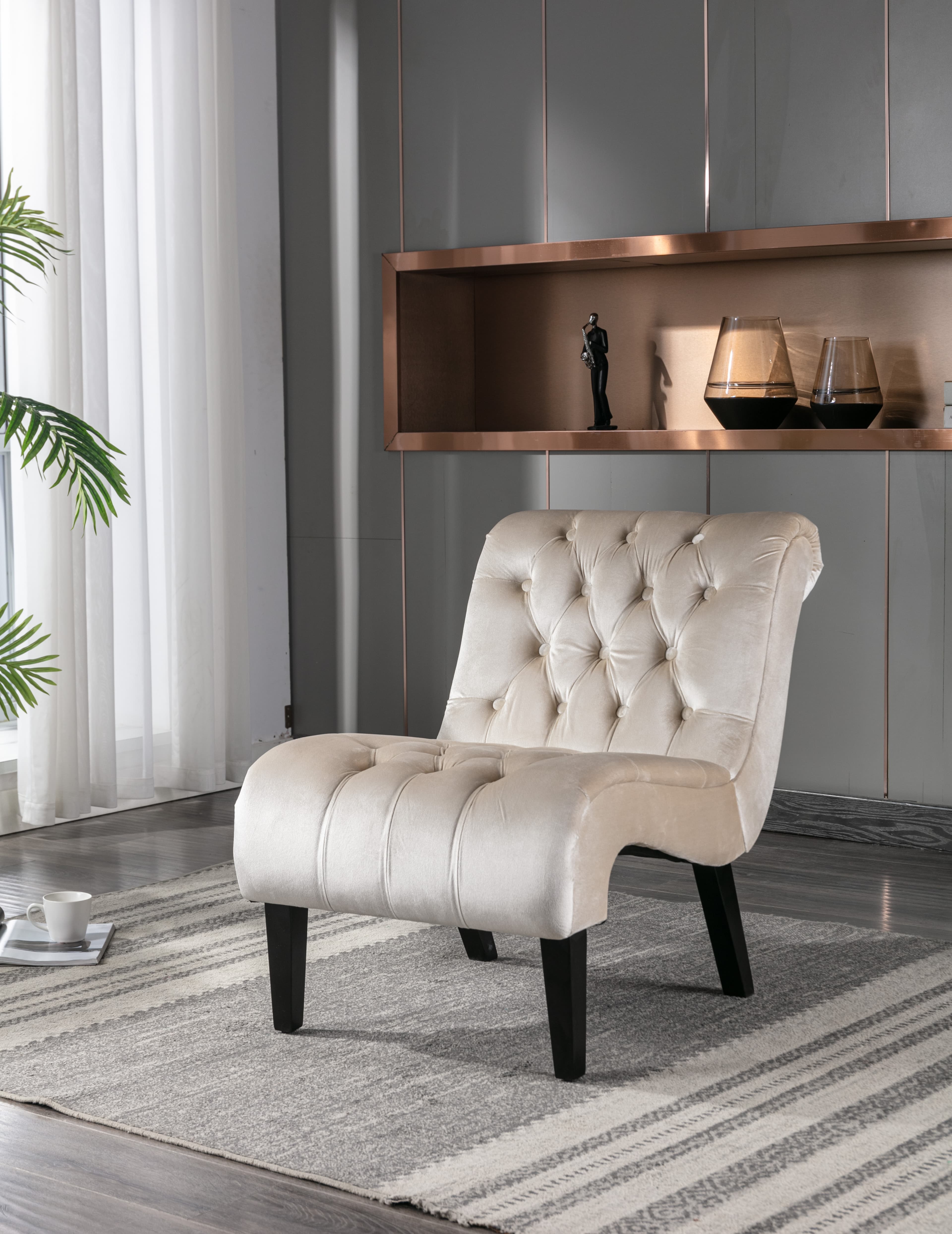 COOLMORE Modern Velvet Armless Accent Living Room Chair Leisure Chair,Upholstered Fabric Button Comfortable Chair With Wooden Legs For Bedroom, Living Room, Office Beige Velvet 5