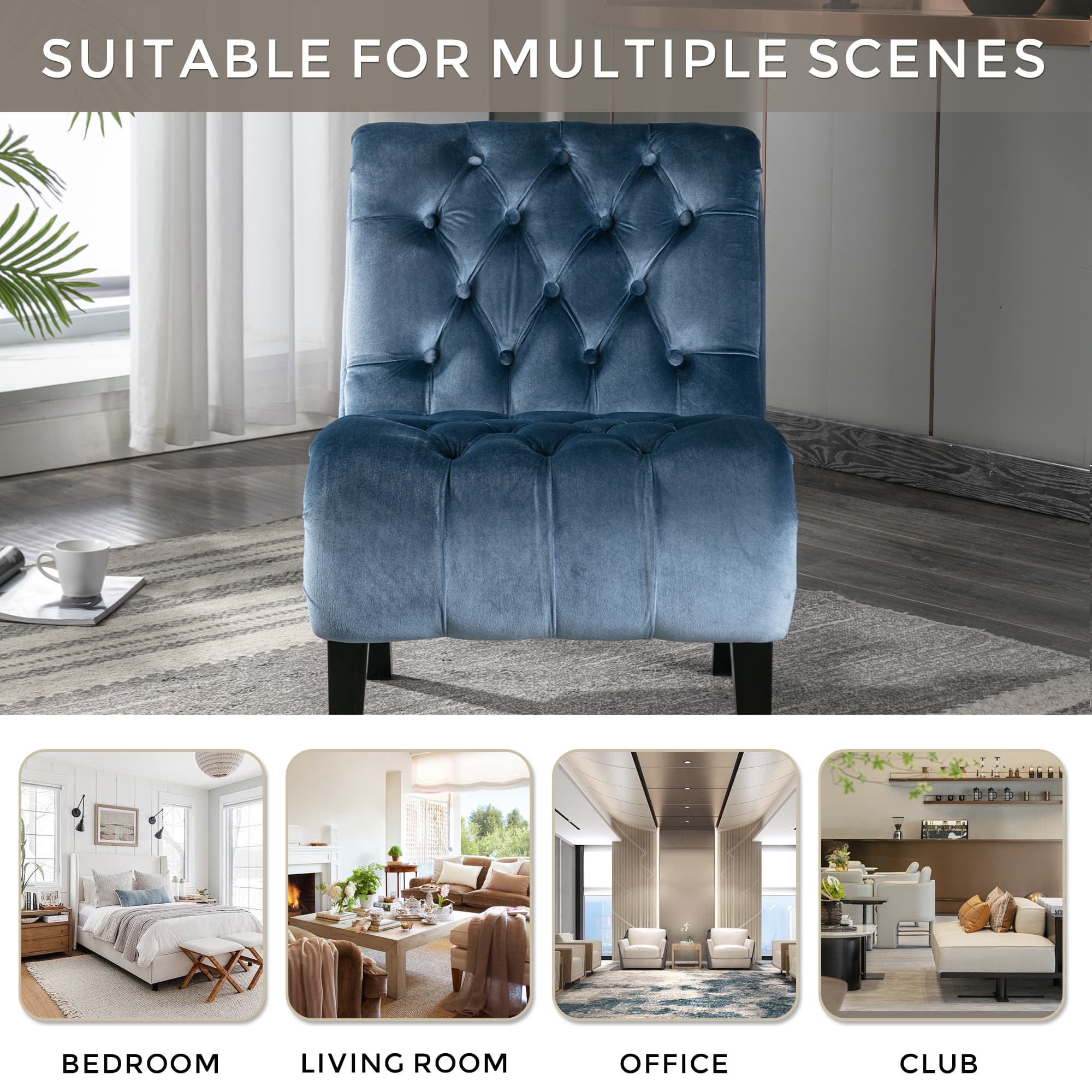 COOLMORE Modern Velvet Armless Accent Living Room Chair Leisure Chair,Upholstered Fabric Button Comfortable Chair With Wooden Legs For Bedroom, Living Room, Office Light Blue Velvet 5