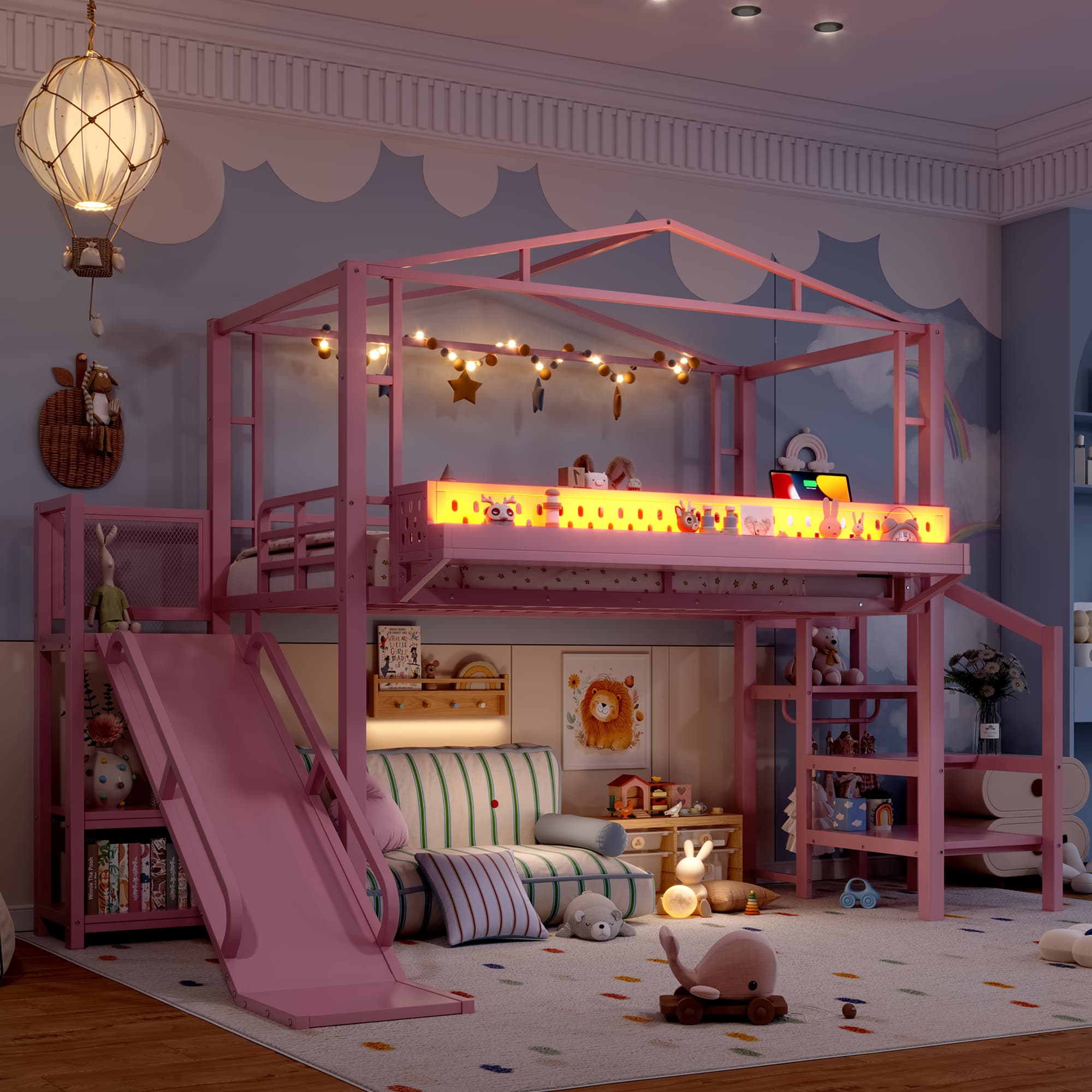 Twin Size Loft Bed With Storage Stairs, Shelves And Built-in Wardrobe, Metal Loft Bed Frame With USB Ports And LED Lights, Noise-reduced Design, Pink 3