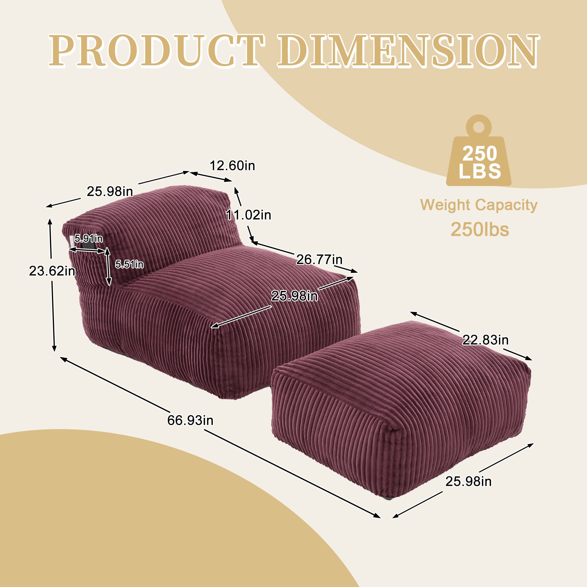 Big Bean Bag Chair For Adults,Lounger Large Bean Bag Sofa, Memory Foam Filled Beanbag Chair For Living Room, Bedroom, Balcony,Comfy Corduroy Bean Bag Chair With Ottoman,Ergonomic Support & Premium Com 5