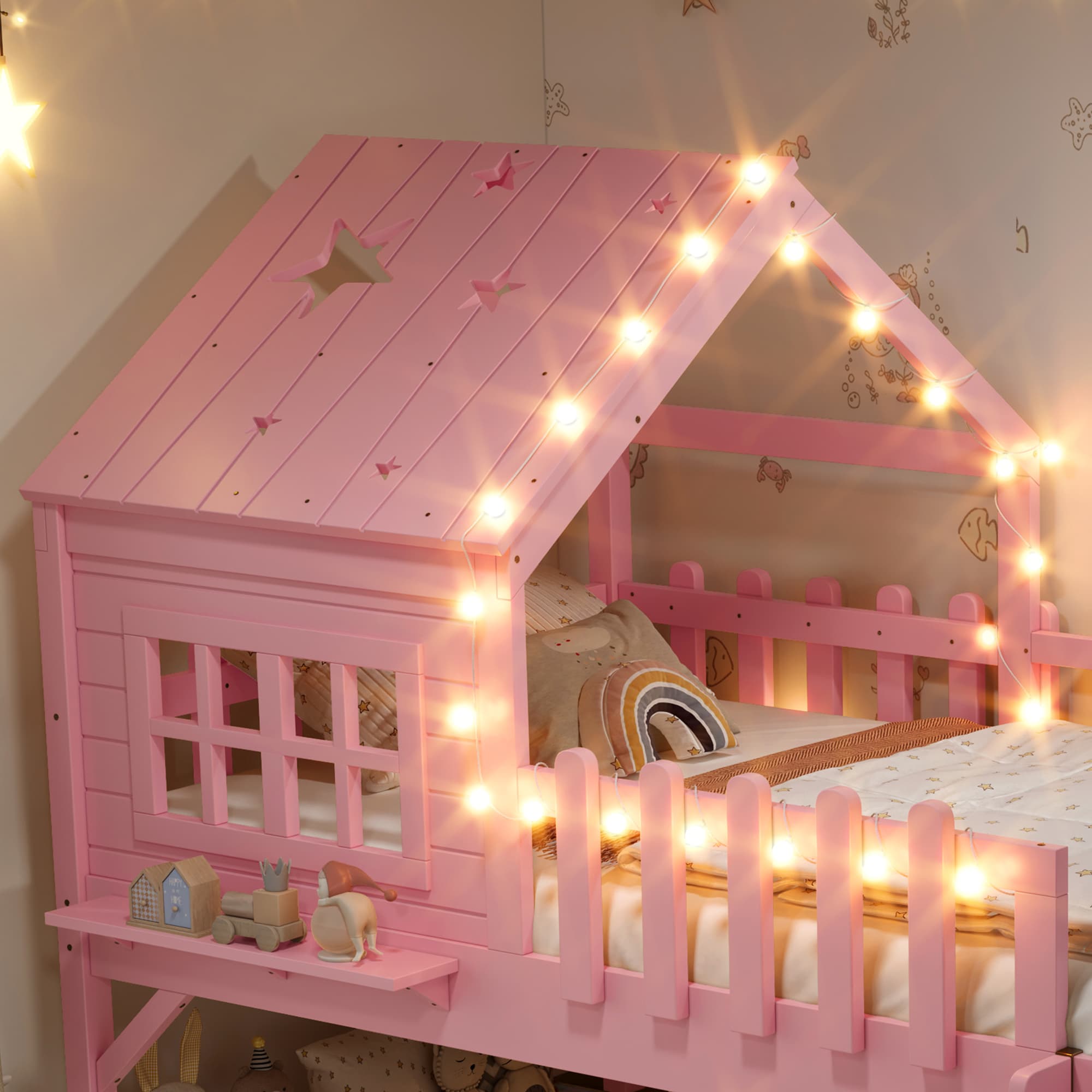 Twin Size House Loft Bed With Slide,Playhouse Bed With Star-shaped Designs And Window, Chic Design With LED Lights,No Box Spring Needed,Pink 2