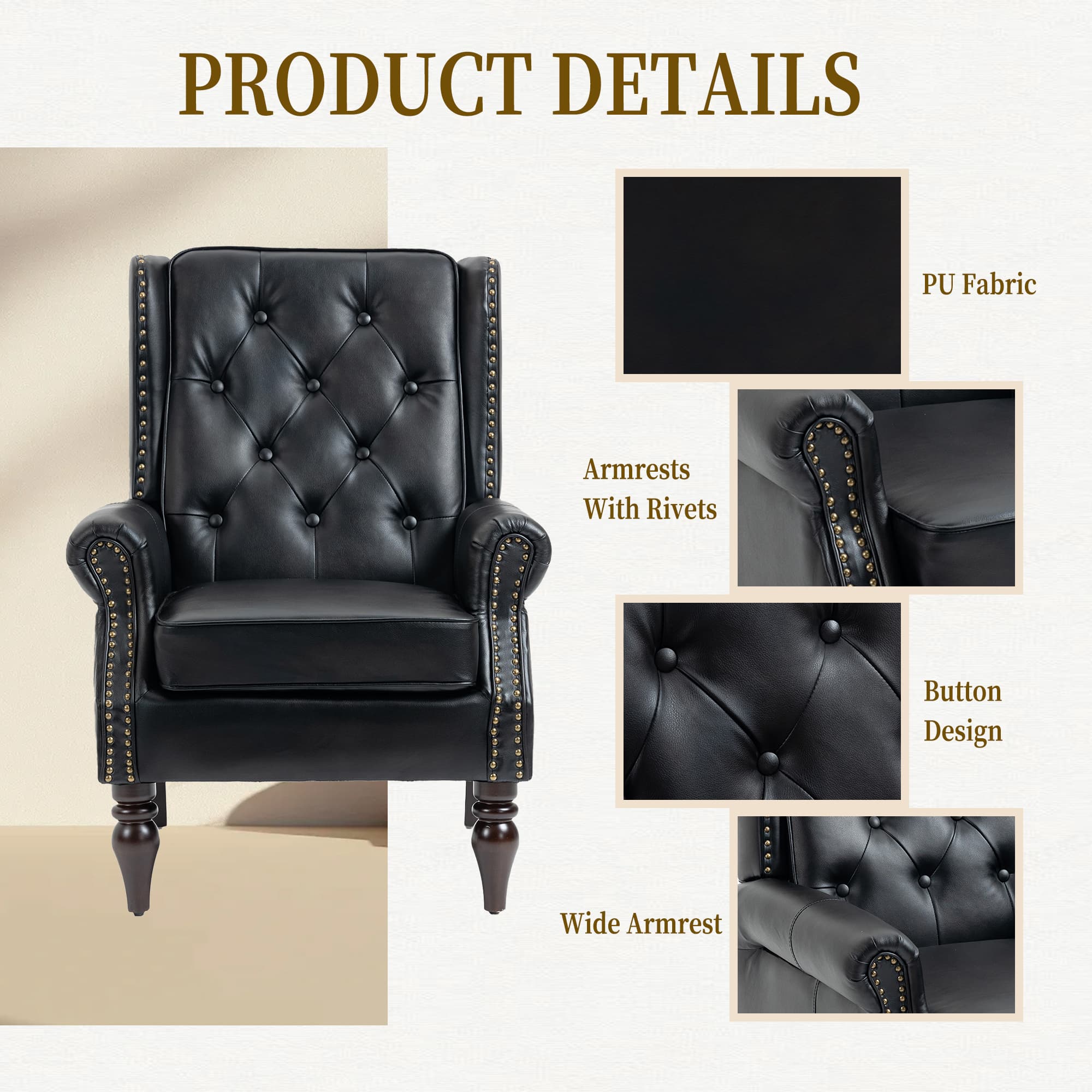 Wood Frame Armchair, Modern Accent Chair Lounge Chair With Sturdy Wood Legs For Living Room Bedroom Black PU 3
