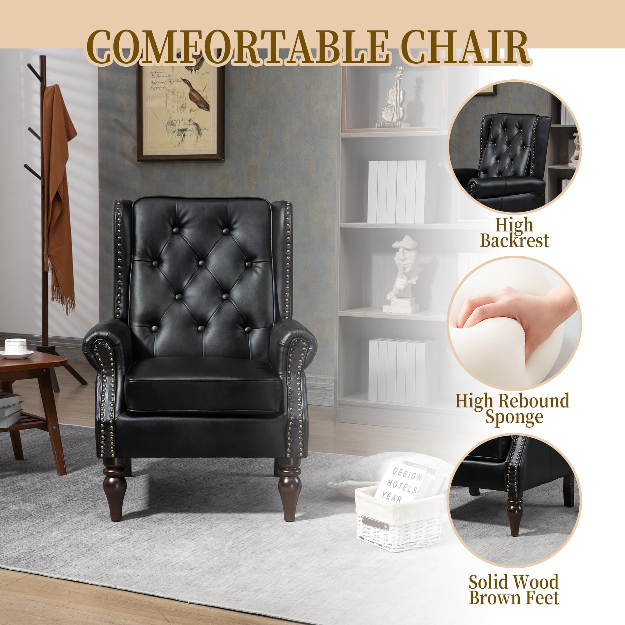 Wood Frame Armchair, Modern Accent Chair Lounge Chair With Sturdy Wood Legs For Living Room Bedroom Black PU 5