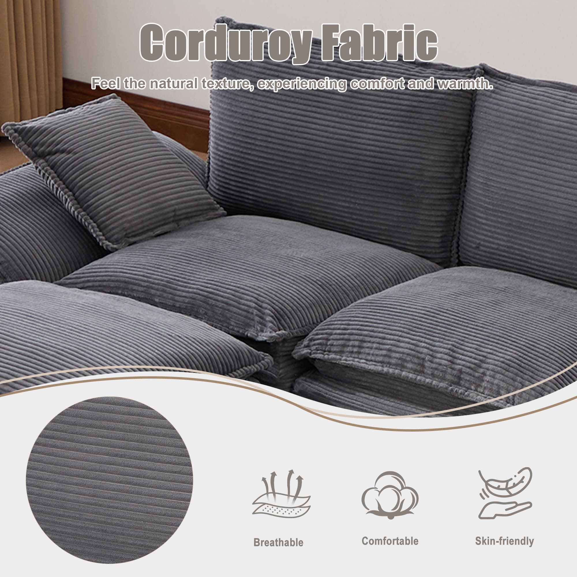 Sectional Cloud Modular Sofa,Deep Seat Sofa, Corduroy Sofa,Comfy Upholstered Furniture For Living Room, Apartment, Studio, Office,Having Multiple Combinations 2