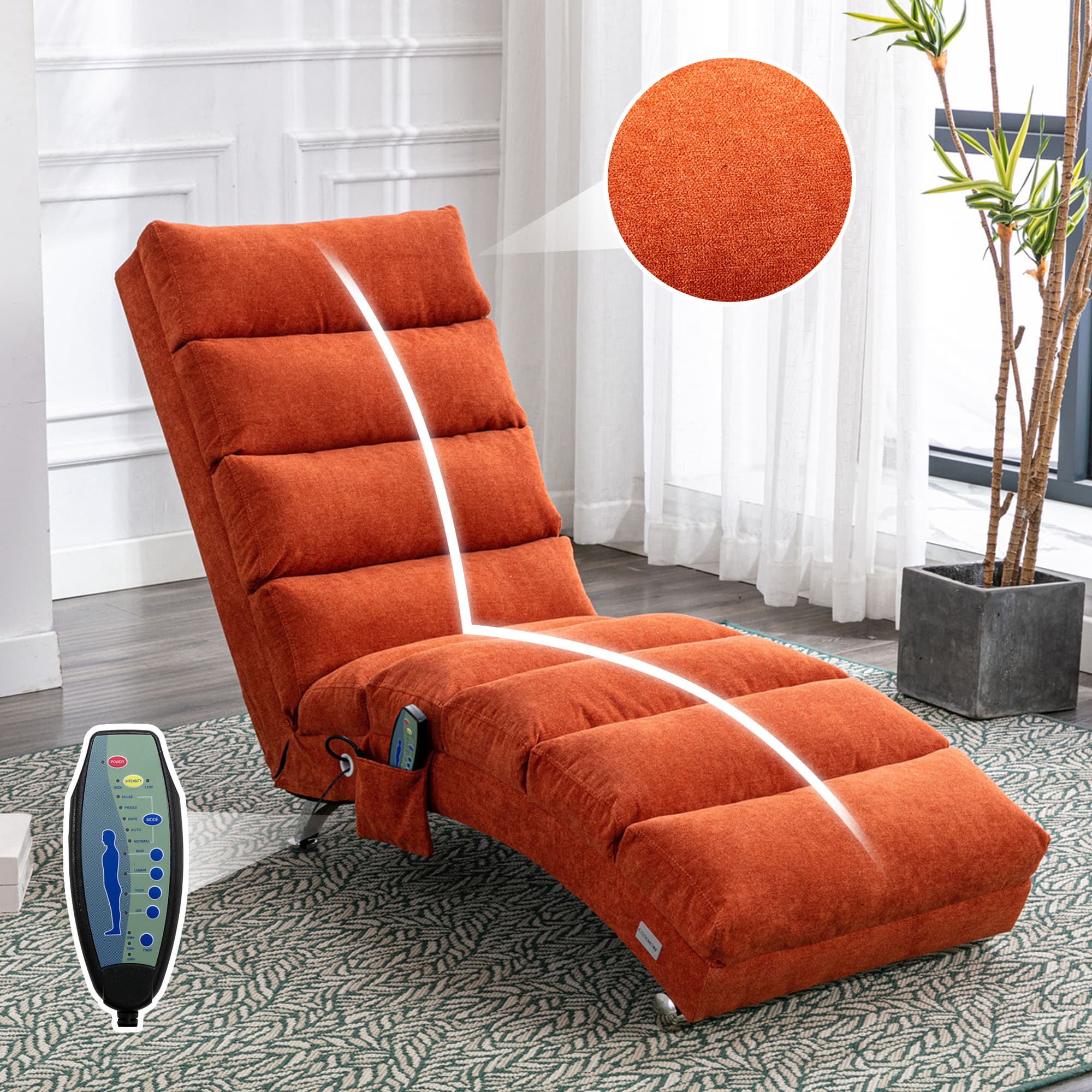 COOLMORE Luxury Upholstered Chaise Lounge Chair With Vibration For Relaxation, Modern Fixed Back Fabric Leisure Recliner Sofa For Living Room Bedroom 4