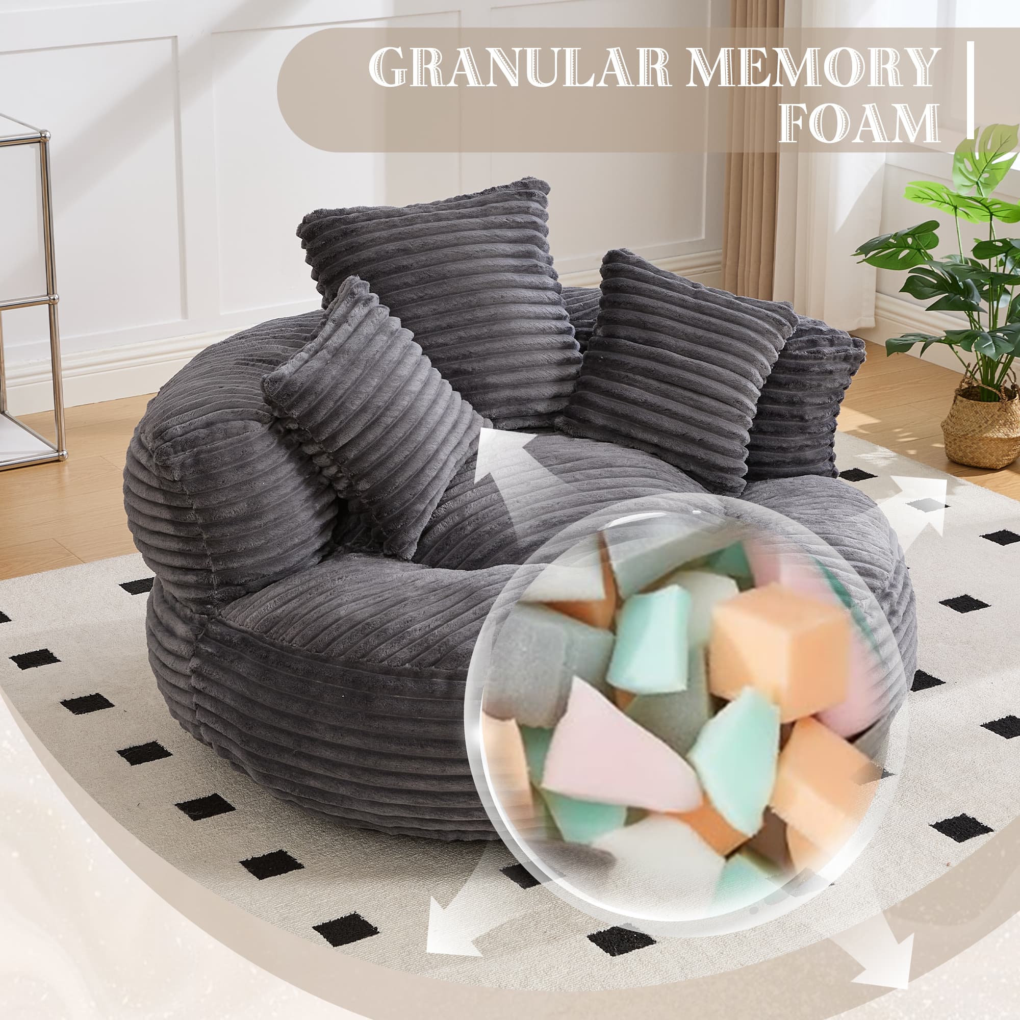 Bean Bag Chairs, Bean Bag Sofa For Adults, Kids,Oversized Corduroy Bean Bag Chair With 3 Pillows & Armrest,Beanbag Chair & Lazy Sofa With Foam Filler For Bedroom Living Room Dorm 3