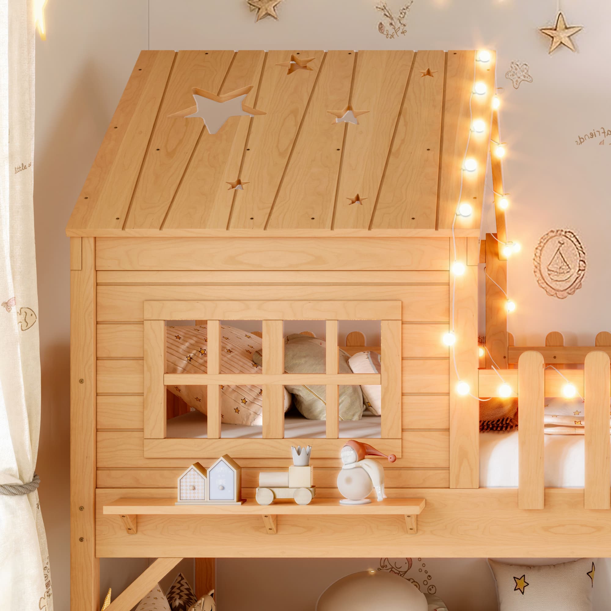 Twin Size House Loft Bed With Slide,Playhouse Bed With Star-shaped Designs And Window, Chic Design With LED Lights,No Box Spring Needed,Natural 3