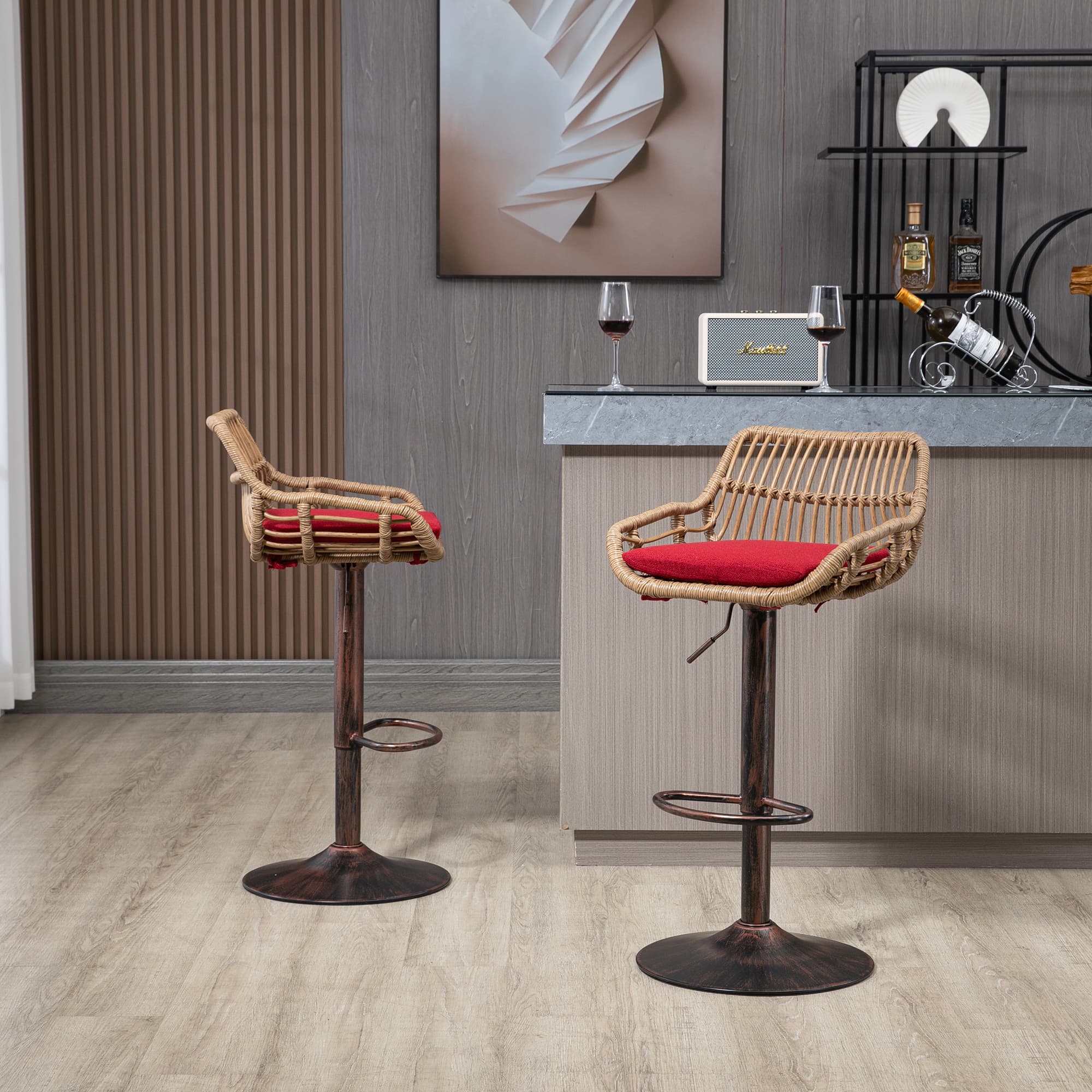 Modern Swivel Bar Stools Set Of 2 Adjustable Counter Height Chairs With Footrest For Kitchen, Dining Room Red 3