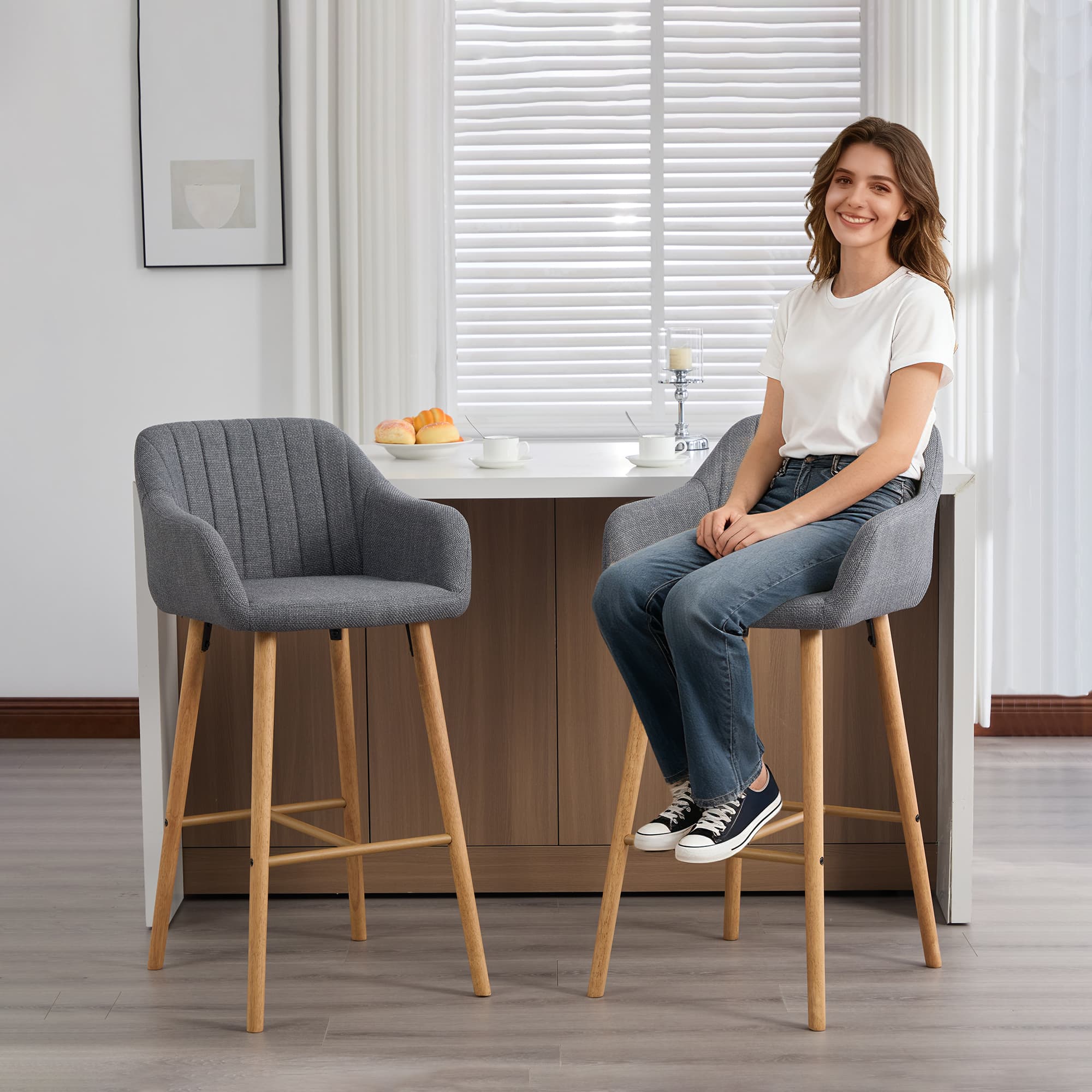 Modern Bar Stools Set Of 2, Kitchen Island Tall Chairs With Back, Arm, Footrest And Solid Wood Leg, Linen Fabric Upholstered Bar Stools 4