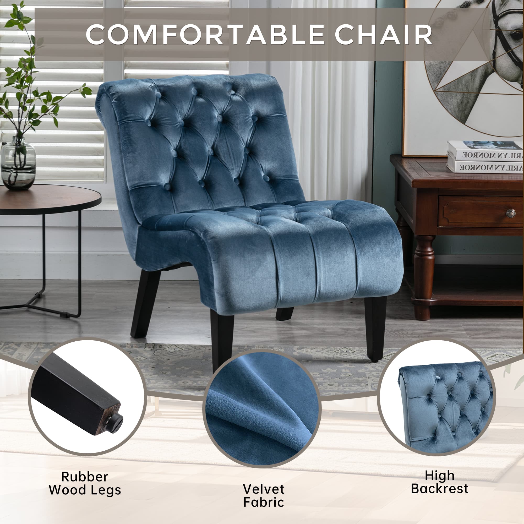 COOLMORE Modern Velvet Armless Accent Living Room Chair Leisure Chair,Upholstered Fabric Button Comfortable Chair With Wooden Legs For Bedroom, Living Room, Office Light Blue Velvet 4
