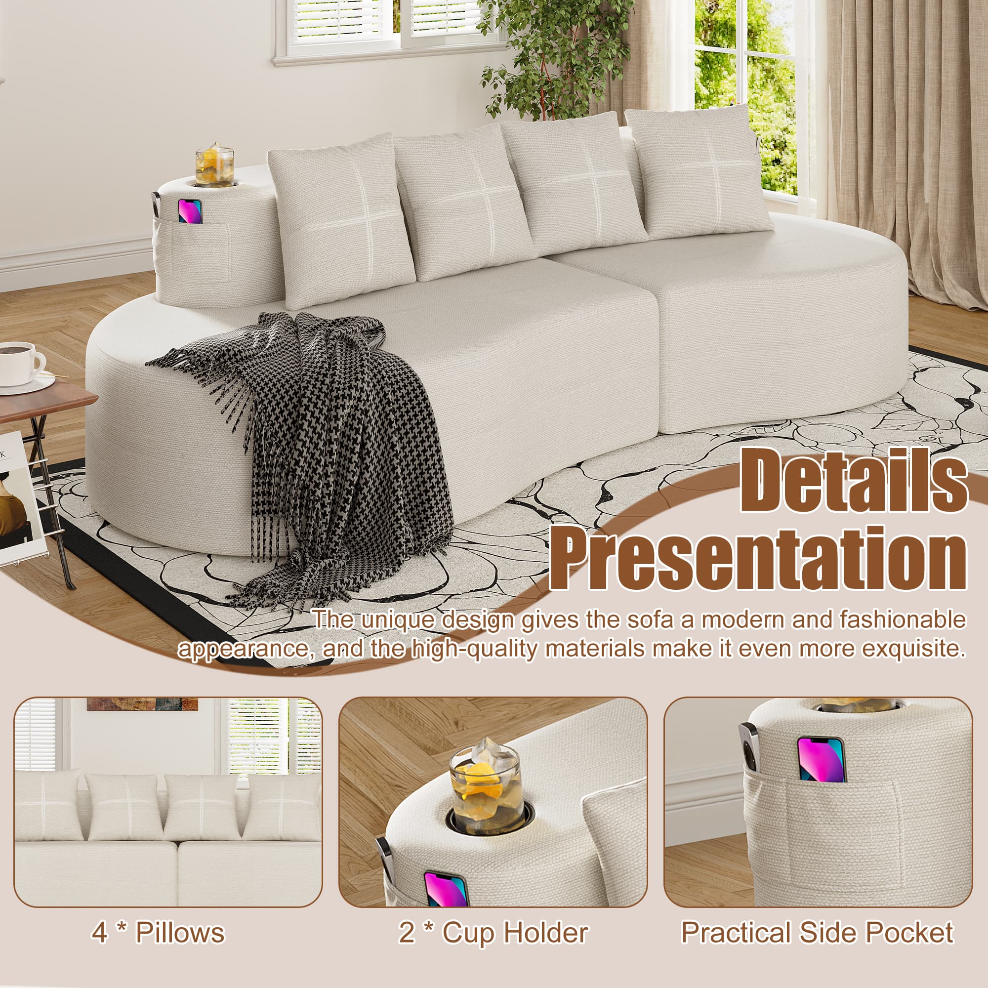 Modern Curved Sectional 3 Seat Minimalist Elegant Half Moon Sofa Compressed Modular Sectional Sofa For Living Room, Office, Apartment 4