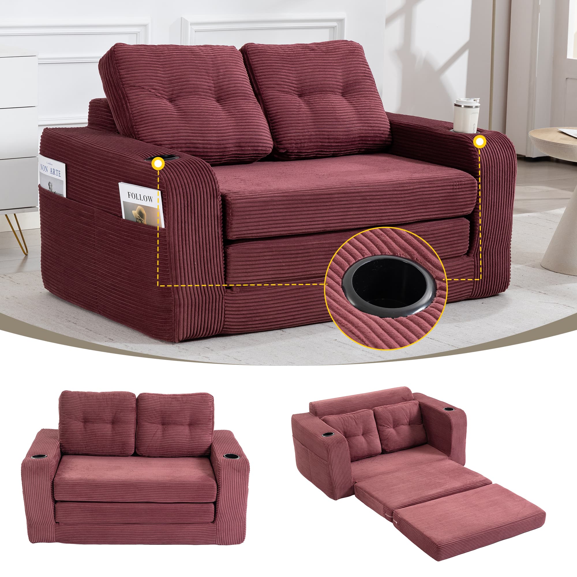 Convertible Sofa Bed,Expandable Double Sofa Bed, 2 In 1 Convertible Sofa Bed, Fold Out Floor Couch With Pillows For Living Room Bedroom Lounge 4