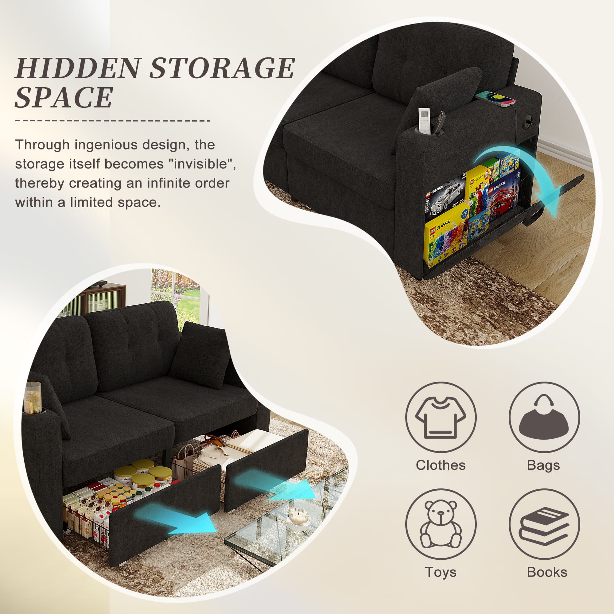 Sofas For Living Room, Couch Set,3 Seats Sofa, USB Charging,Wood Frame,Easy To Install,with Storage, Charging Station,Cup Holder,Modern Sectional Sofas For Living Room, Apartment,Chenille Fabric 2