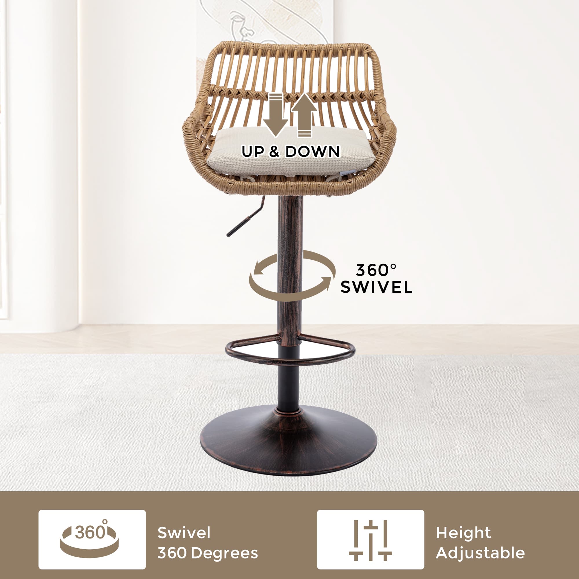 Modern Swivel Bar Stools Set Of 2 Adjustable Counter Height Chairs With Footrest For Kitchen, Dining Room Beige 3