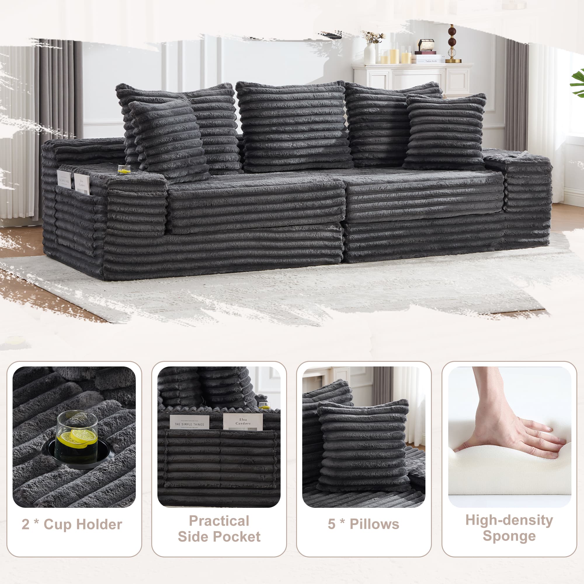 Oversized Boneless Four Seats Sofa With Cup Holder And Side Pockets, Upholstered Corduroy Sofa Bed Cloud Couch With 3 Pillows, 2 Lumbar Pillows.Living Room, Bedroom,No Assembly ,Breathable Material 5