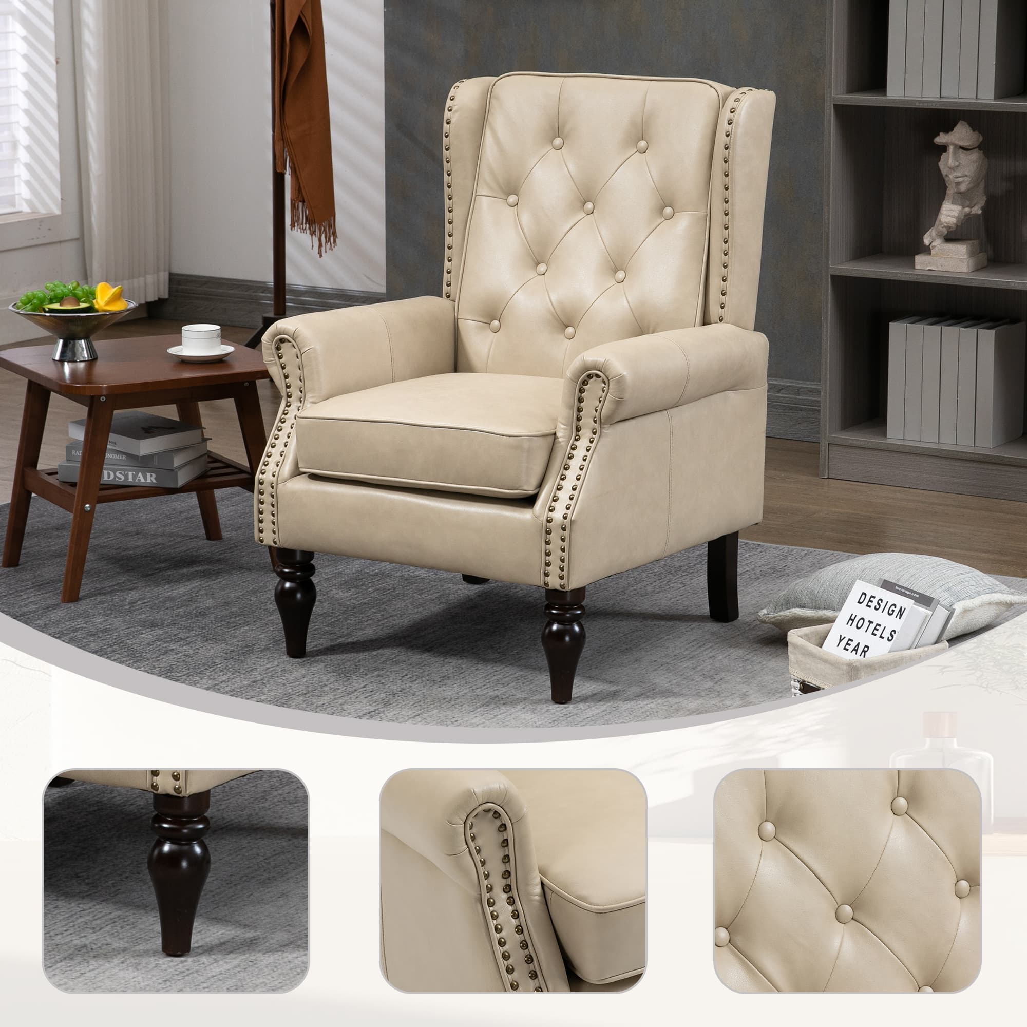 Wood Frame Armchair, Modern Accent Chair Lounge Chair With Sturdy Wood Legs For Living Room Bedroom PU 4