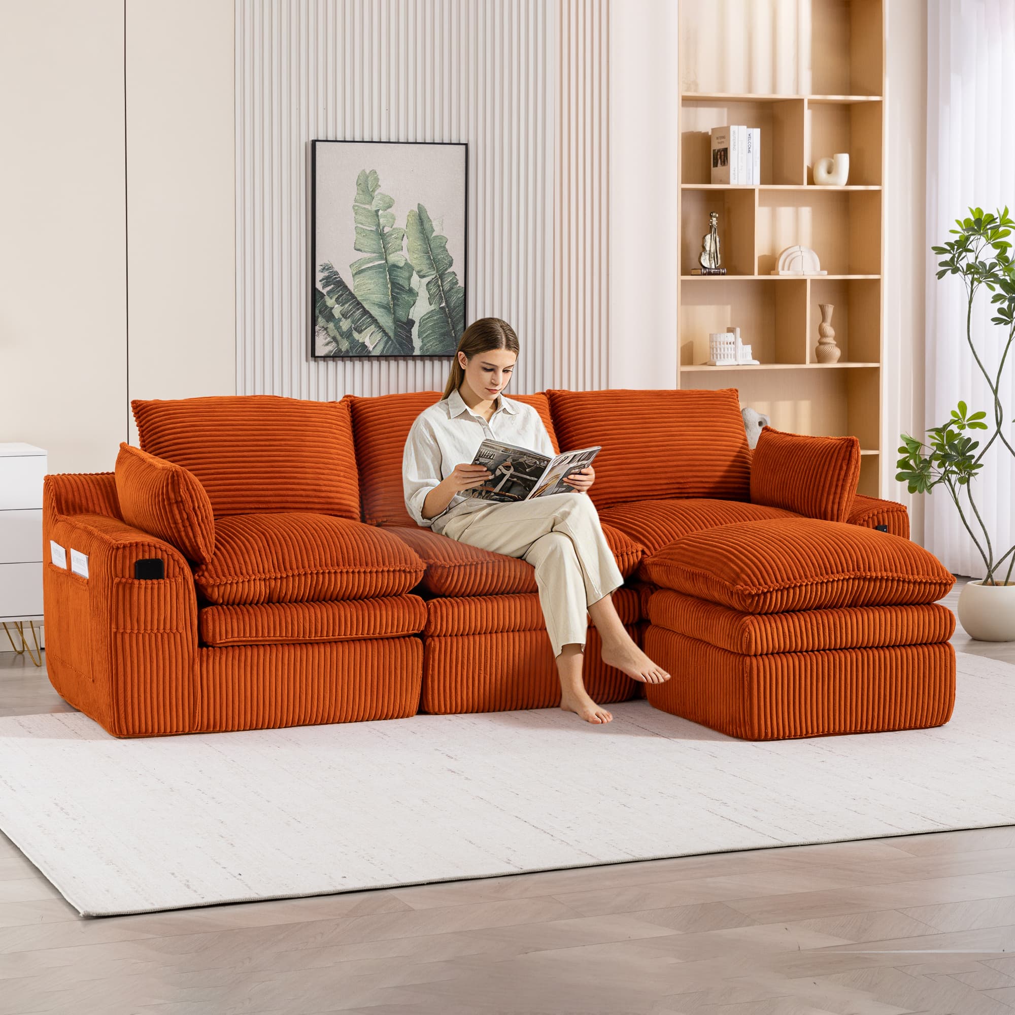 L Shaped Compressed Modular Sectional Sofa Modern Corduroy Upholstered Boneless Couches With Movable Footstool,With Three Pillows And Two Lumbar Pillows,Detachable Cloud Seat Cushions 5