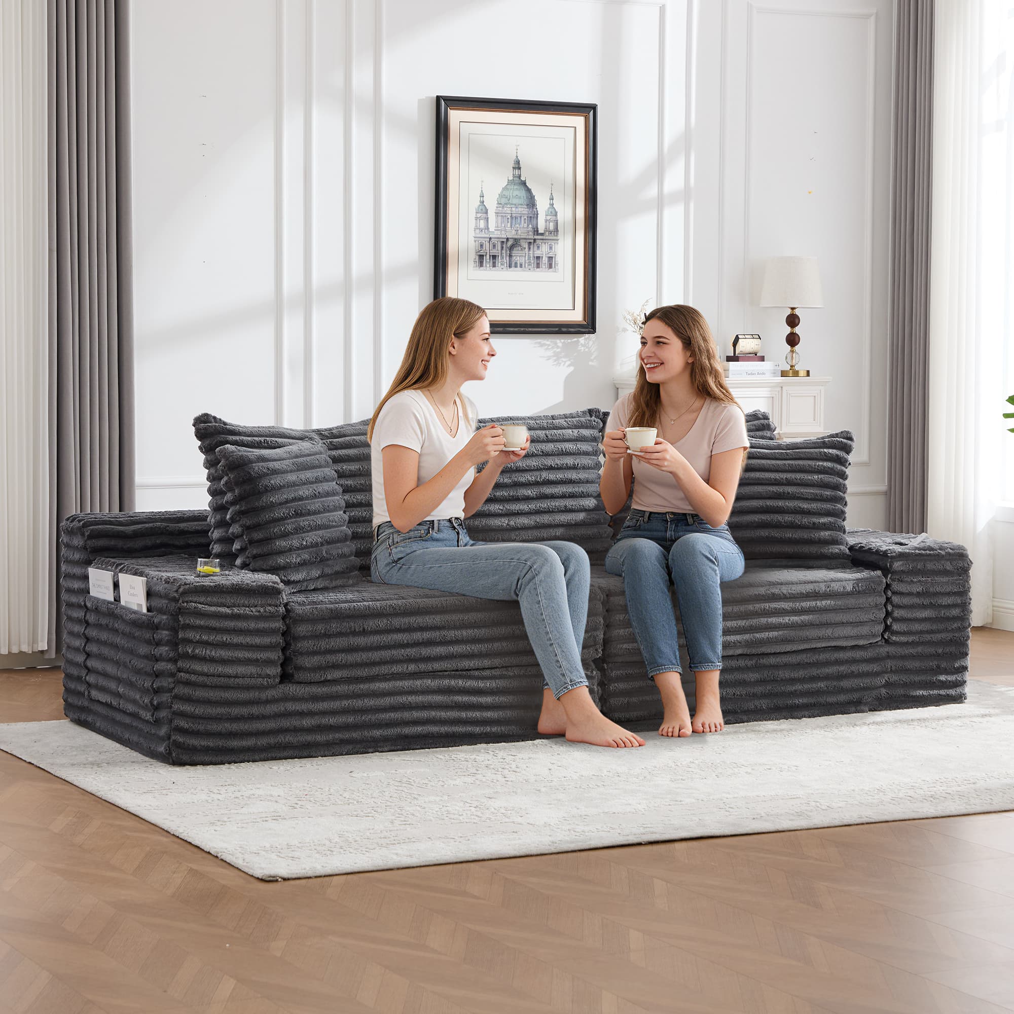 Oversized Boneless Four Seats Sofa With Cup Holder And Side Pockets, Upholstered Corduroy Sofa Bed Cloud Couch With 3 Pillows, 2 Lumbar Pillows.Living Room, Bedroom,No Assembly ,Breathable Material 3