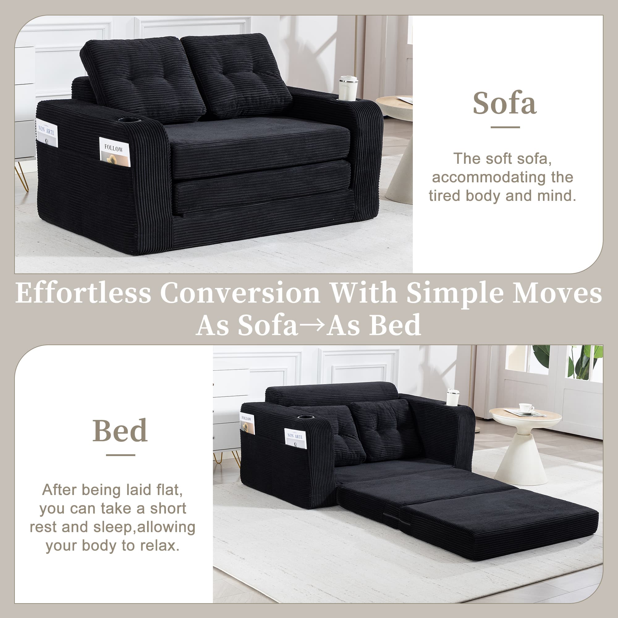 Convertible Sofa Bed,Expandable Double Sofa Bed, 2 In 1 Convertible Sofa Bed, Fold Out Floor Couch With Pillows For Living Room Bedroom Lounge 4