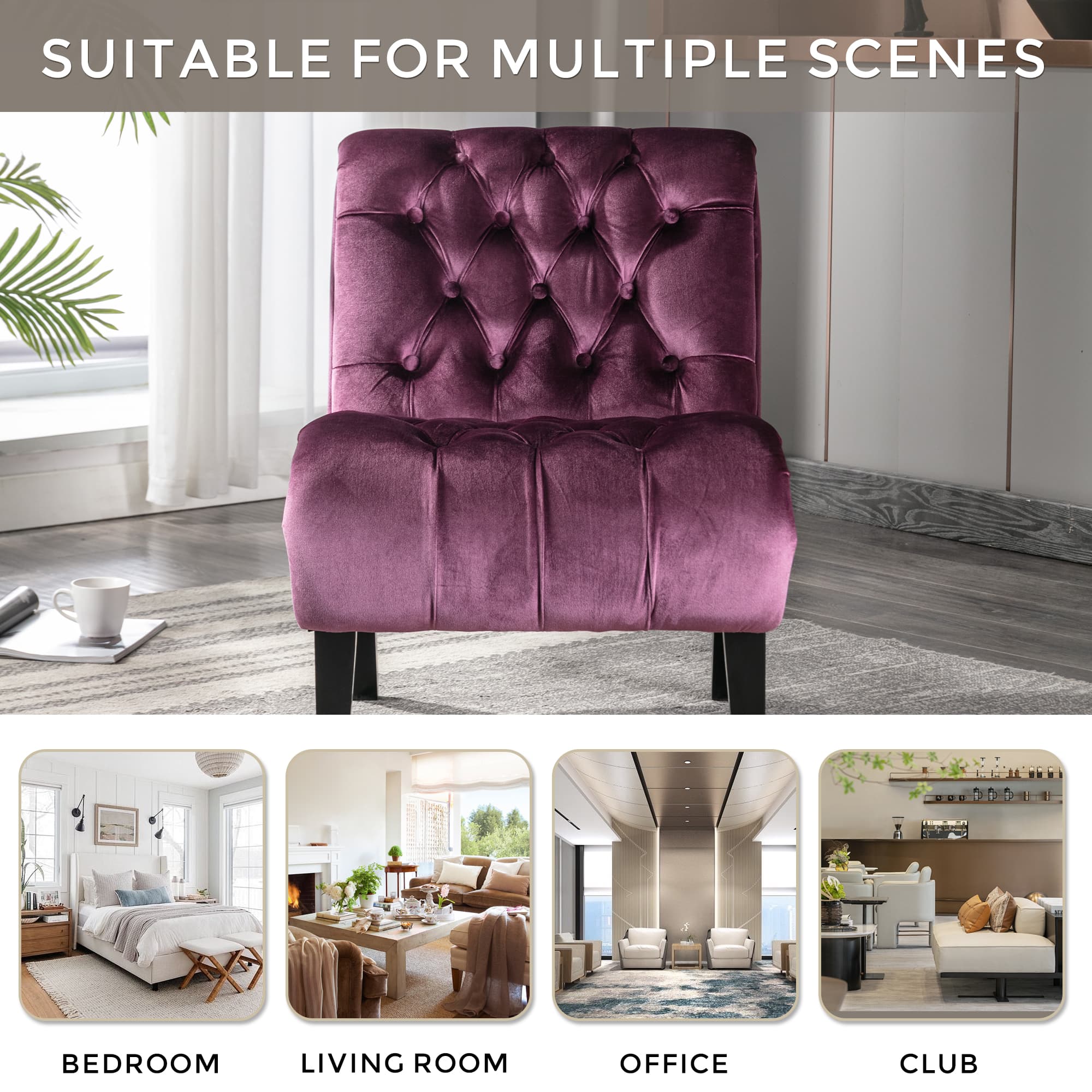 COOLMORE Modern Velvet Armless Accent Living Room Chair Leisure Chair,Upholstered Fabric Button Comfortable Chair With Wooden Legs For Bedroom, Living Room, Office Purple Velvet 5