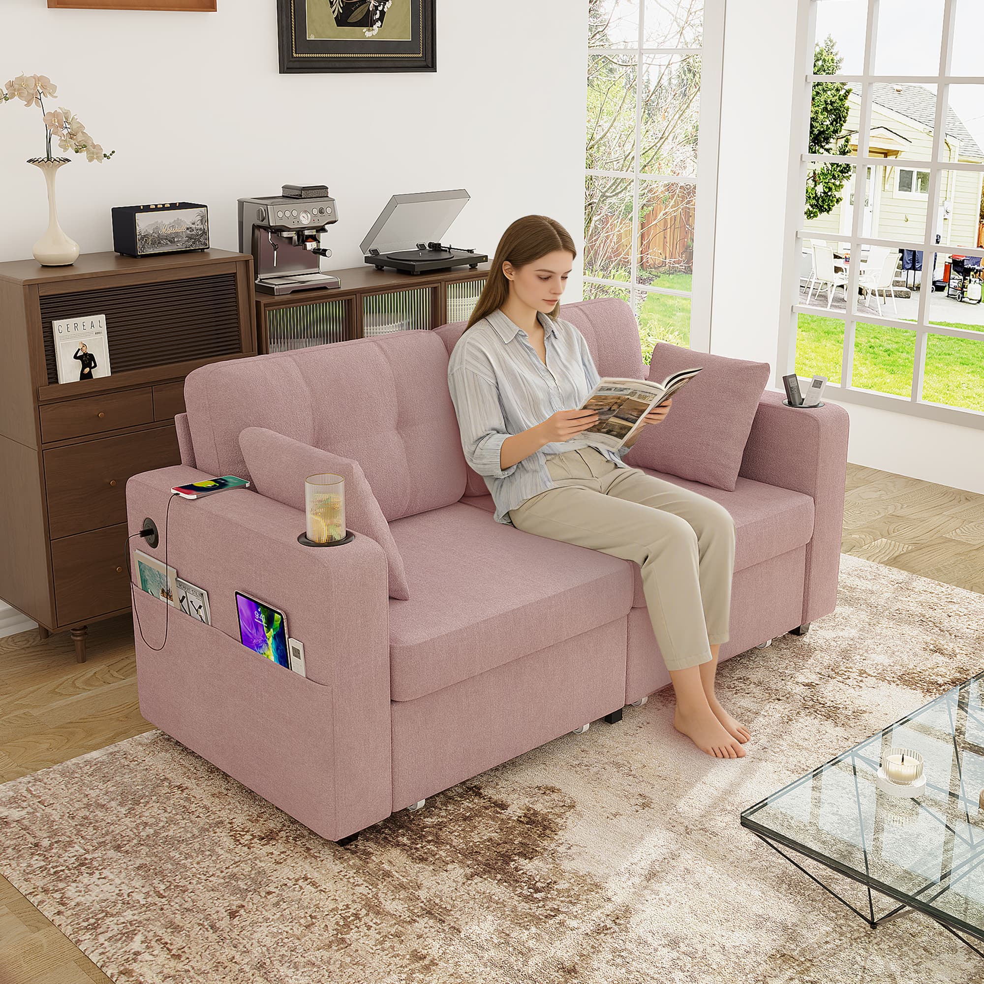 Sofas For Living Room, Couch Set,3 Seats Sofa, USB Charging,Wood Frame,Easy To Install,with Storage, Charging Station,Cup Holder,Modern Sectional Sofas For Living Room, Apartment,Chenille Fabric 4