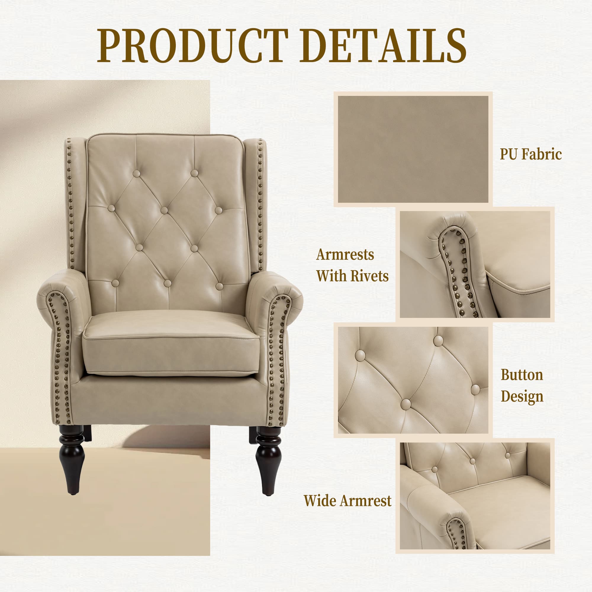Wood Frame Armchair, Modern Accent Chair Lounge Chair With Sturdy Wood Legs For Living Room Bedroom PU 3
