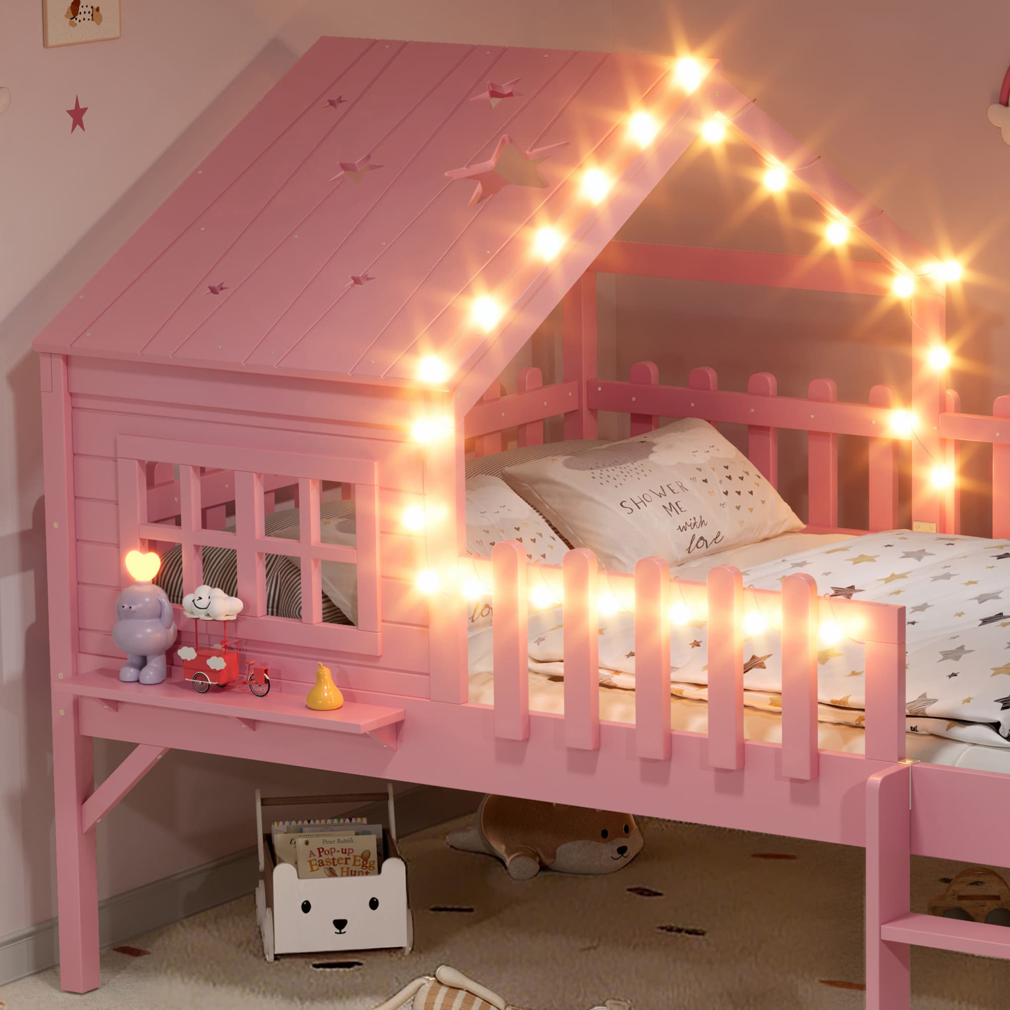 Full Size House Loft Bed With Slide,Playhouse Bed With Star-shaped Designs And Window, Chic Design With LED Lights,No Box Spring Needed,Pink 5