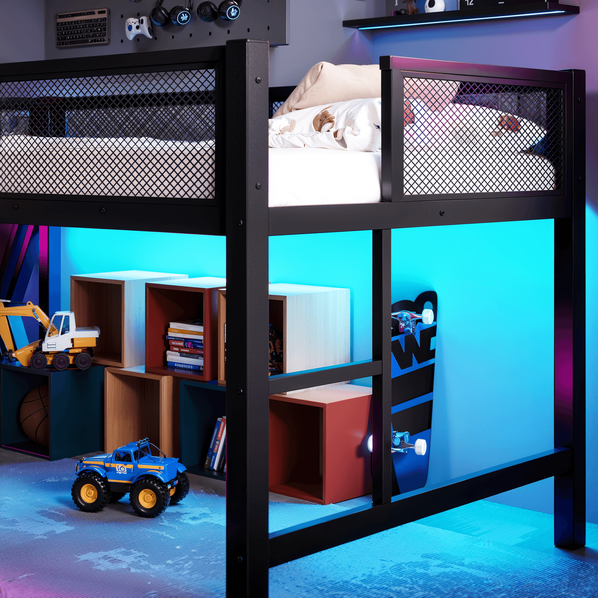 Twin XL Size Gaming Loft Bed With Desk Of X-shaped Leg ,LED Lights, USB Ports, Staircase & Mesh Guardrail - Black Metal Frame, Space-Saving Elevated Bed For Dorms, Bedrooms, & Gaming Setups 4