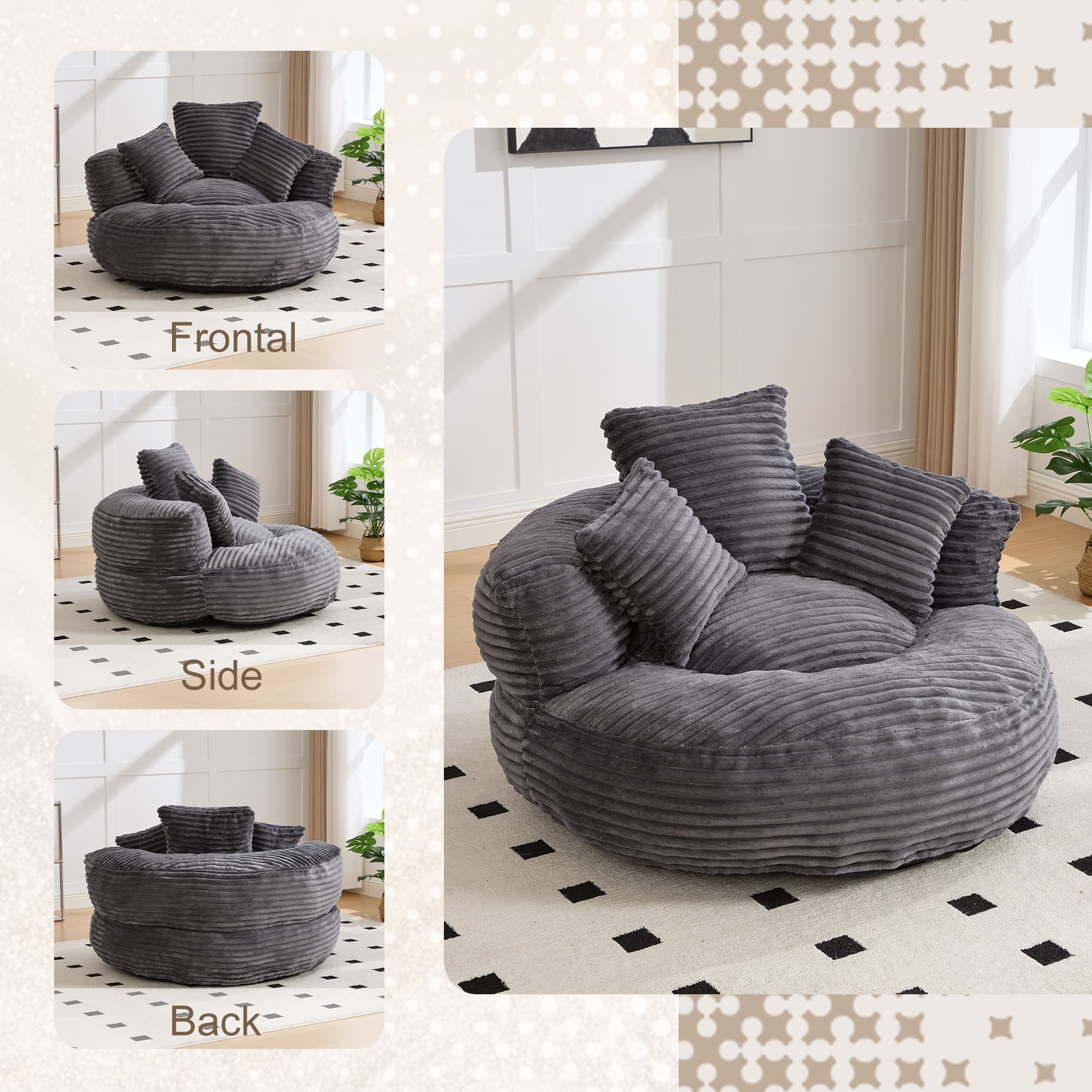 Bean Bag Chairs, Bean Bag Sofa For Adults, Kids,Oversized Corduroy Bean Bag Chair With 3 Pillows & Armrest,Beanbag Chair & Lazy Sofa With Foam Filler For Bedroom Living Room Dorm 4