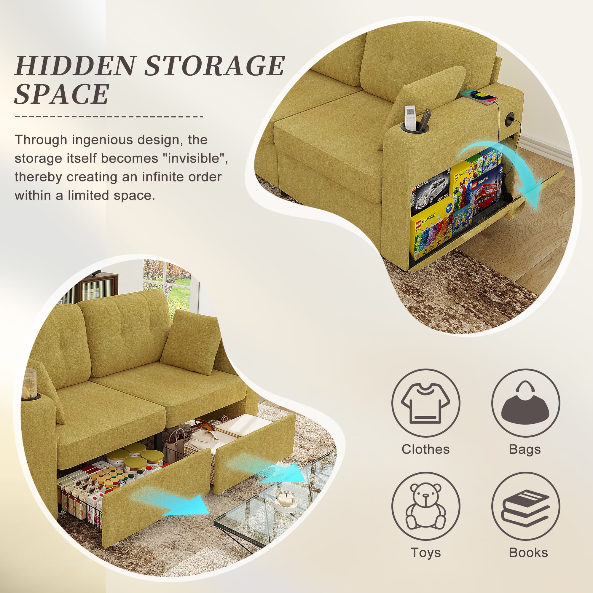 Sofas For Living Room, Couch Set,3 Seats Sofa, USB Charging,Wood Frame,Easy To Install,with Storage, Charging Station,Cup Holder,Modern Sectional Sofas For Living Room, Apartment,Chenille Fabric 2