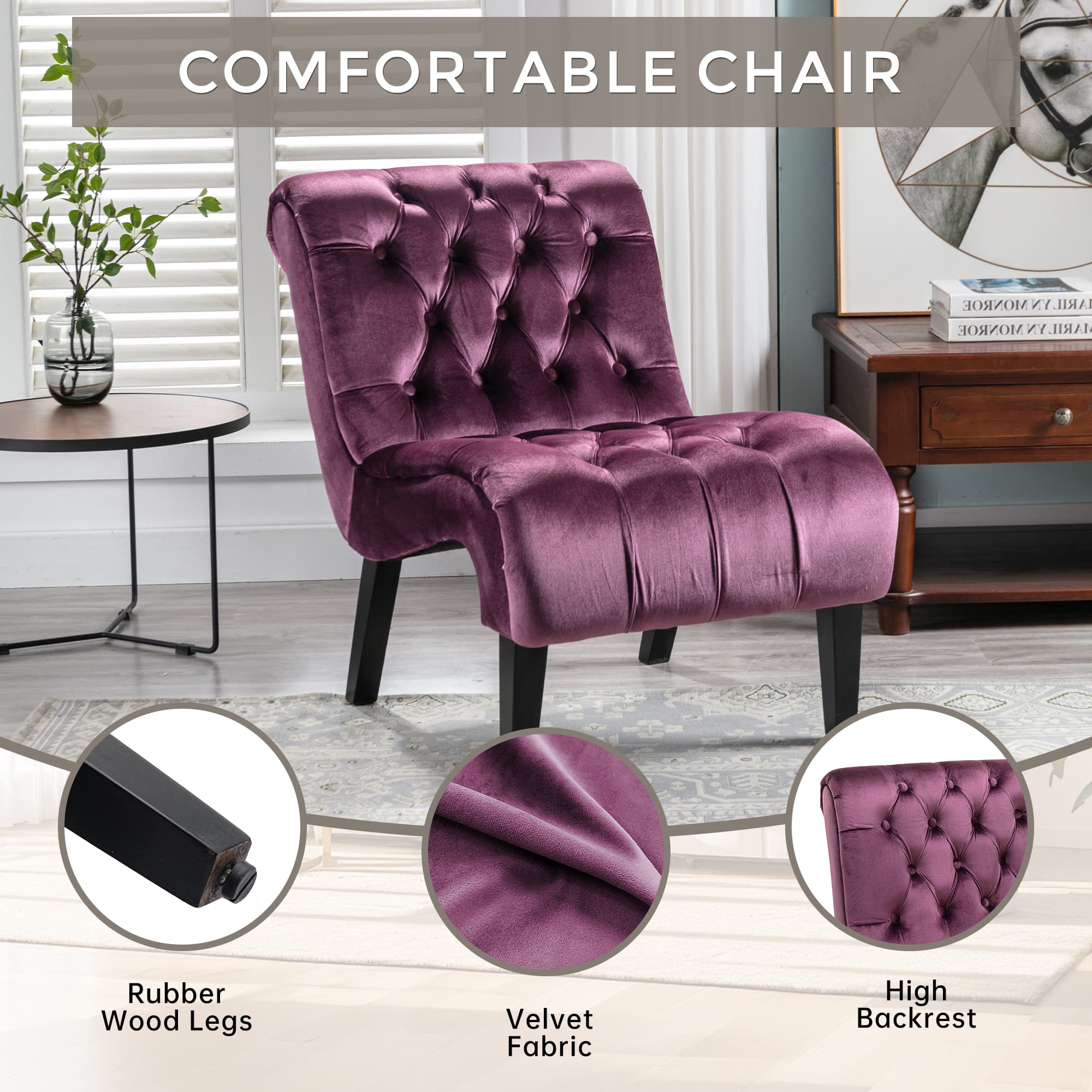 COOLMORE Modern Velvet Armless Accent Living Room Chair Leisure Chair,Upholstered Fabric Button Comfortable Chair With Wooden Legs For Bedroom, Living Room, Office Purple Velvet 4