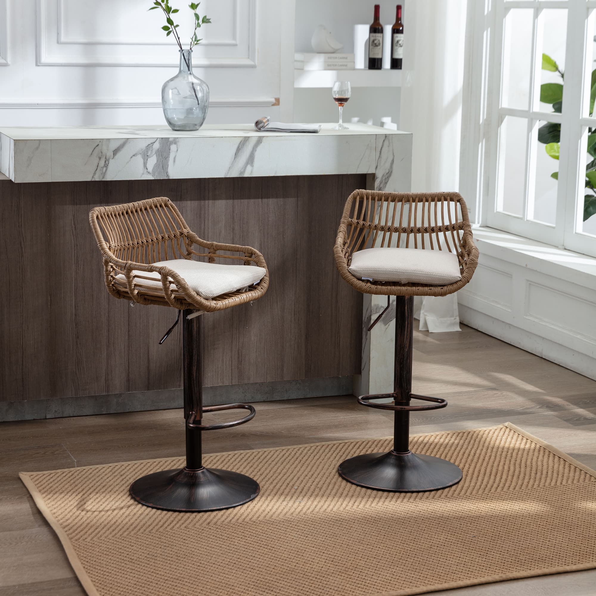 Modern Swivel Bar Stools Set Of 2 Adjustable Counter Height Chairs With Footrest For Kitchen, Dining Room Beige 2