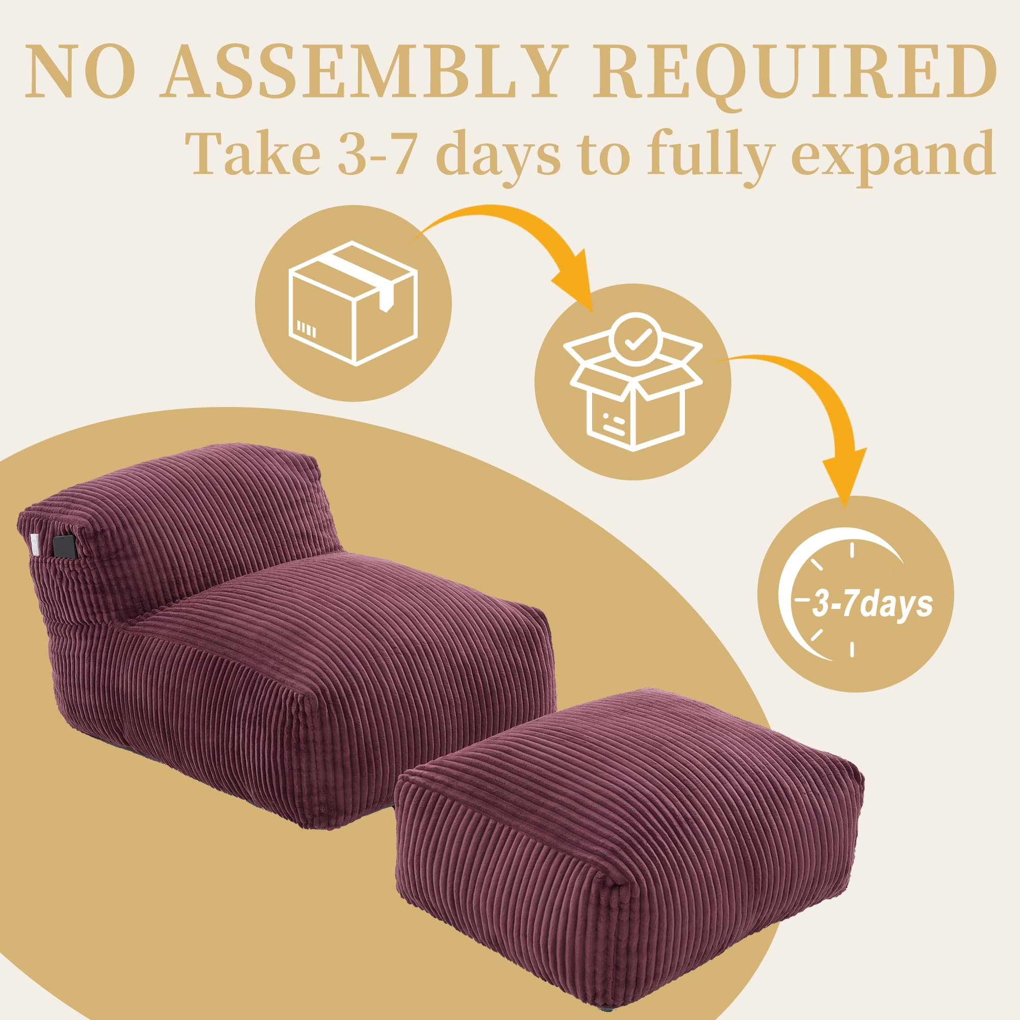 Big Bean Bag Chair For Adults,Lounger Large Bean Bag Sofa, Memory Foam Filled Beanbag Chair For Living Room, Bedroom, Balcony,Comfy Corduroy Bean Bag Chair With Ottoman,Ergonomic Support & Premium Com 3