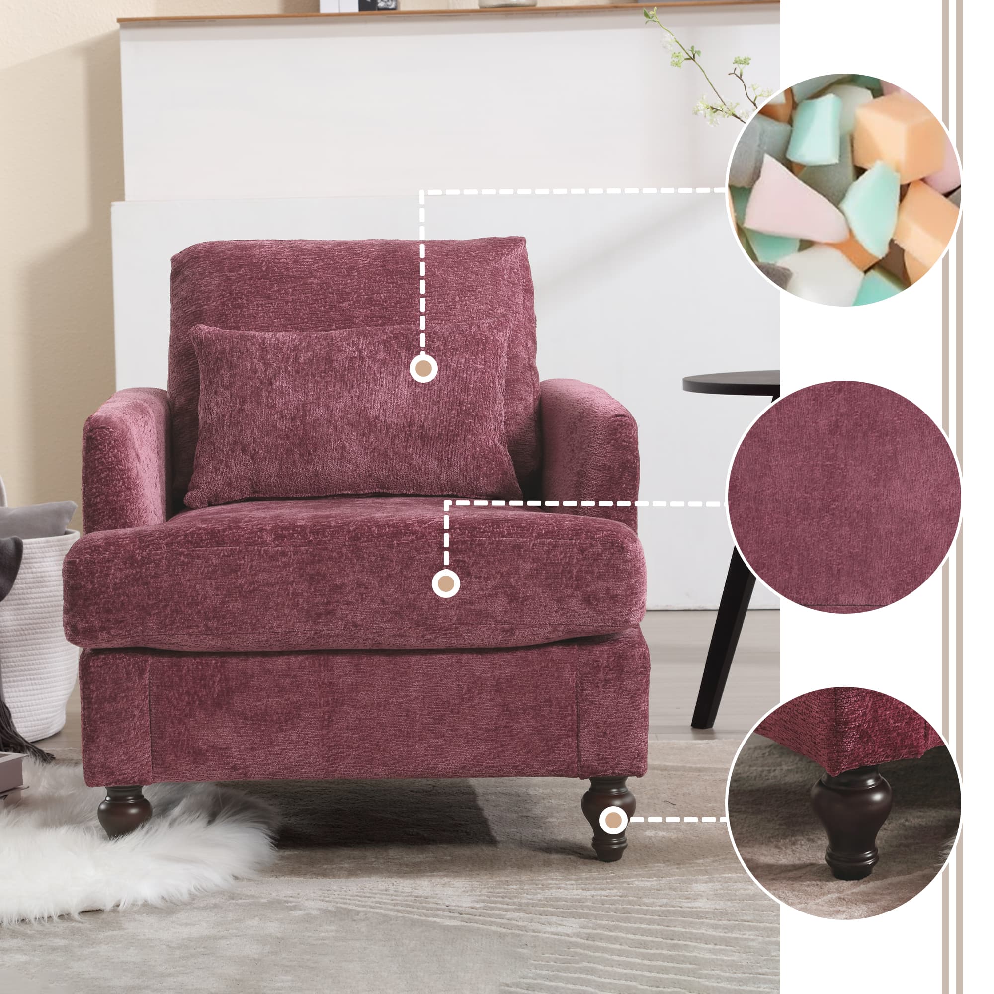 Wood Frame Armchair, Modern Accent Chair Lounge Chair For Living Room,Tufted Club Chair, Mid Century Modern Arm Chairs With Studded, Solid Wood Frame, For Bedroom, Reading Wine Red Chenille 5