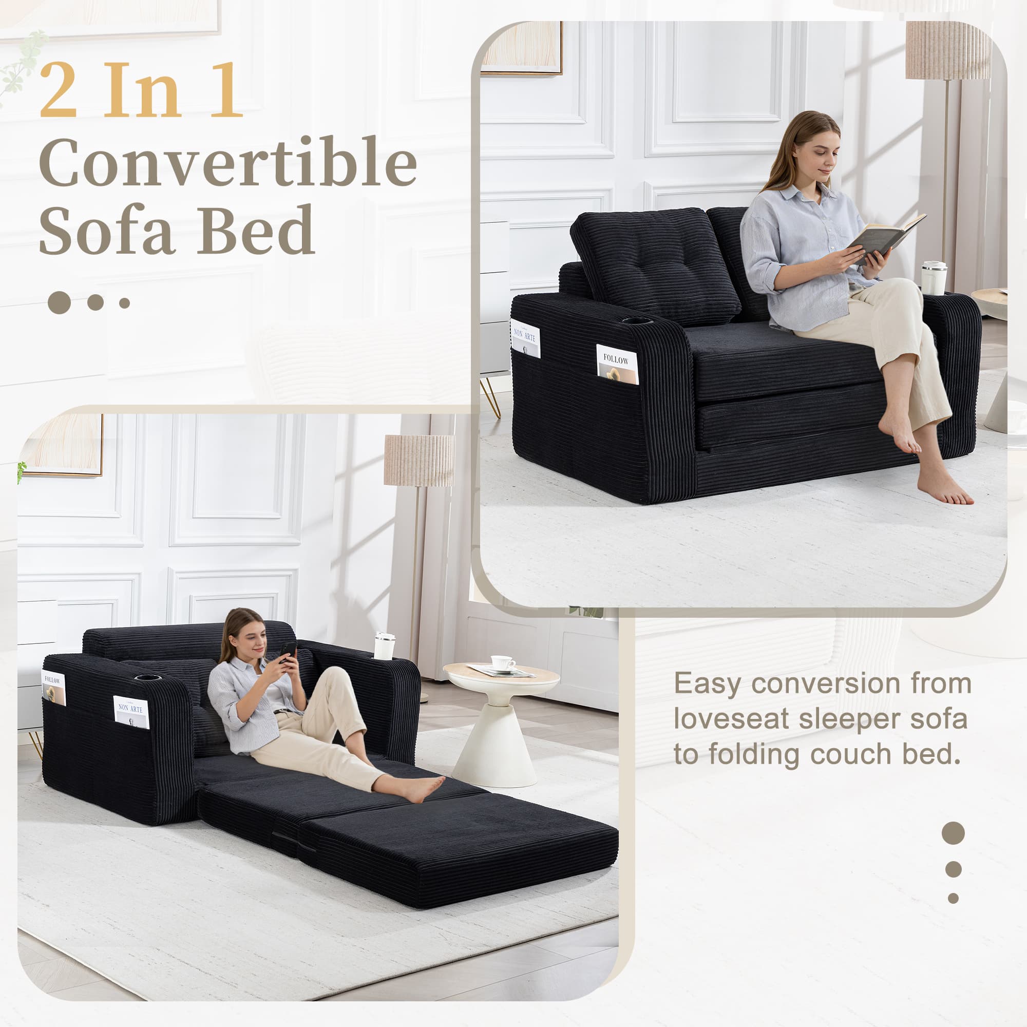 Convertible Sofa Bed,Expandable Double Sofa Bed, 2 In 1 Convertible Sofa Bed, Fold Out Floor Couch With Pillows For Living Room Bedroom Lounge 3