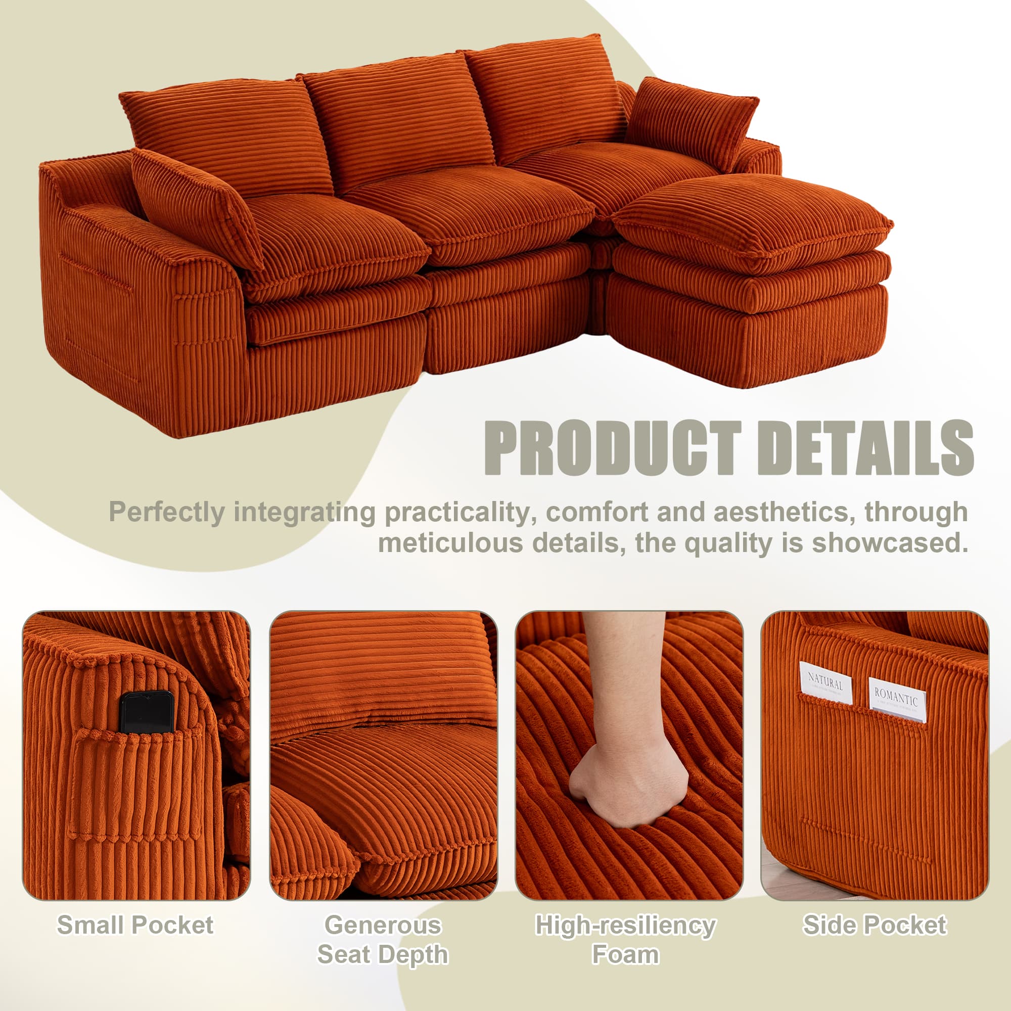 L Shaped Compressed Modular Sectional Sofa Modern Corduroy Upholstered Boneless Couches With Movable Footstool,With Three Pillows And Two Lumbar Pillows,Detachable Cloud Seat Cushions 3