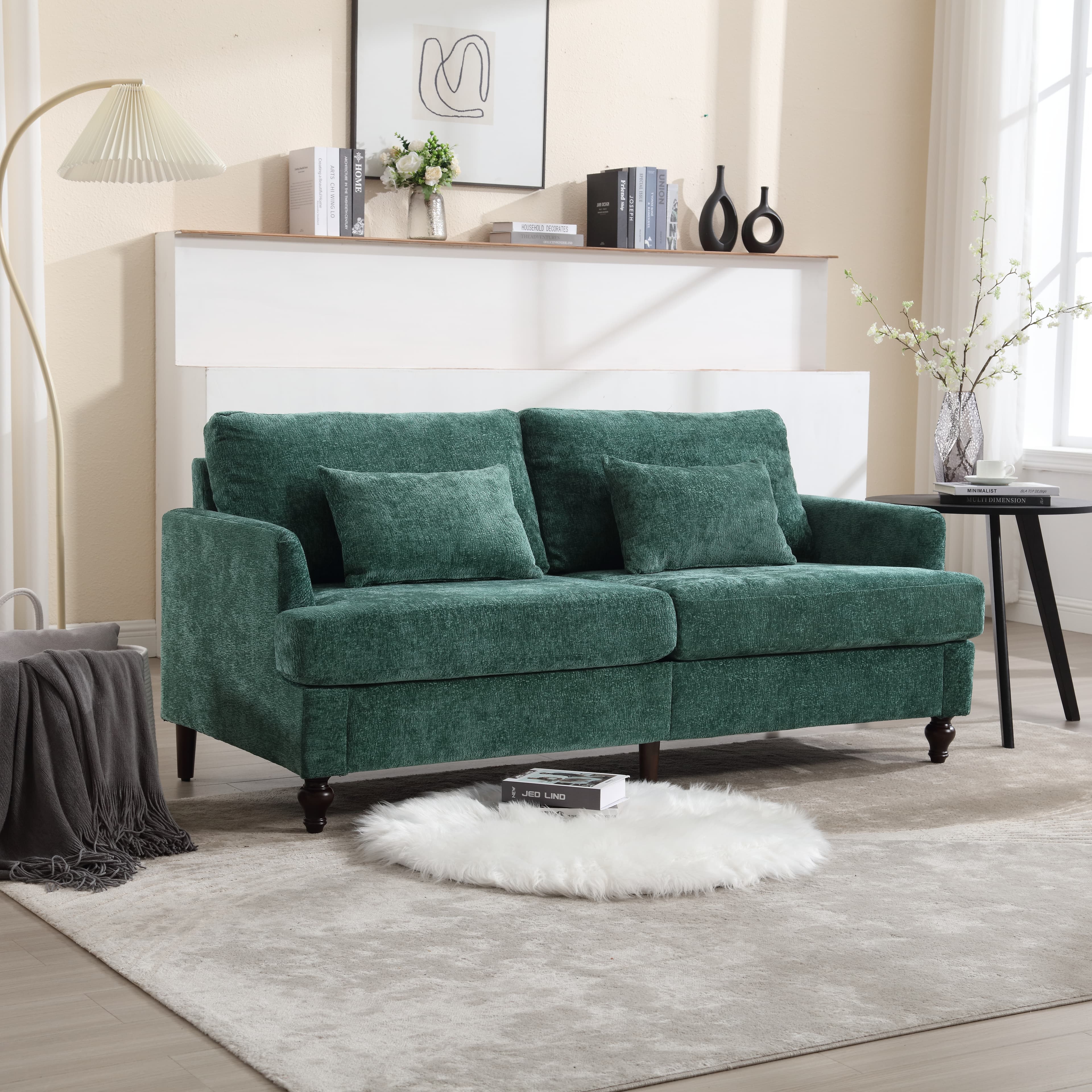 Mid Century Modern Chenille Fabric Loveseat Sofa, 2-Seat Upholstered Loveseat Sofa Modern Couch For Living Room,Brown Wood Feet Sofa For Bedroom, Reading Emerald Chenille 5